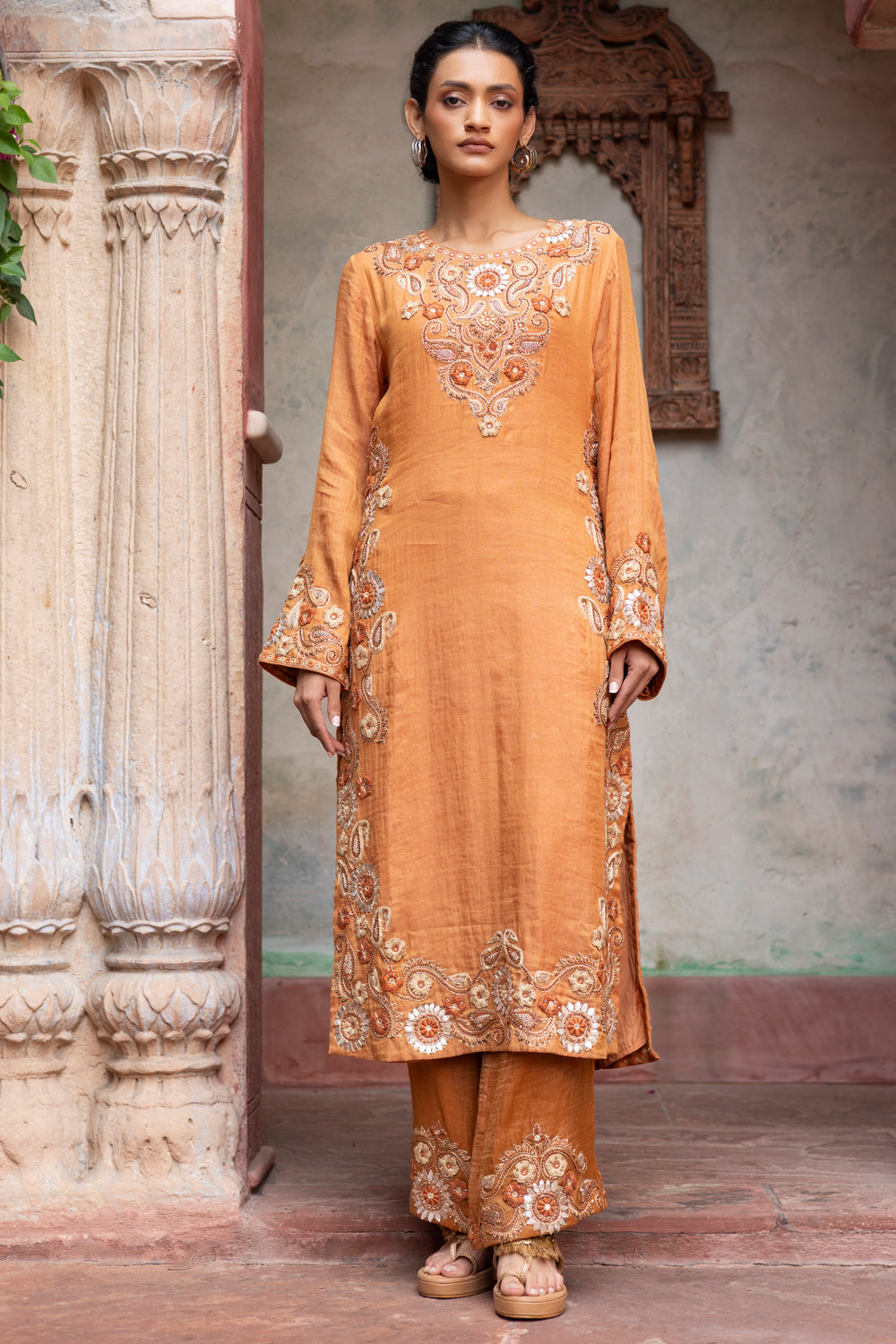 Rust Embroidered Kurta with Embroidered Pants & Beige Dupatta
