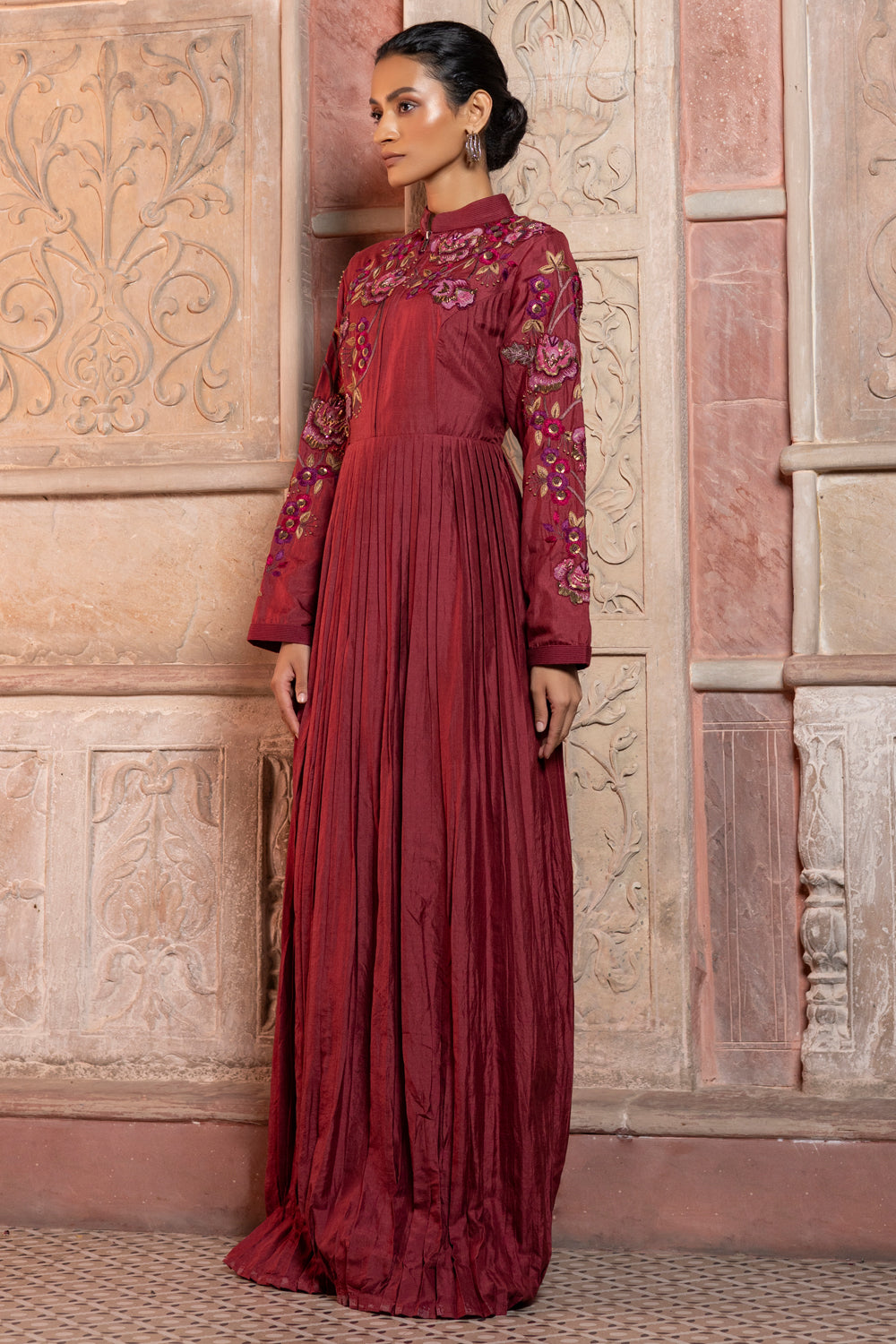 Maroon Silk Pleated Maxi with Floral Appliqué Embroidery