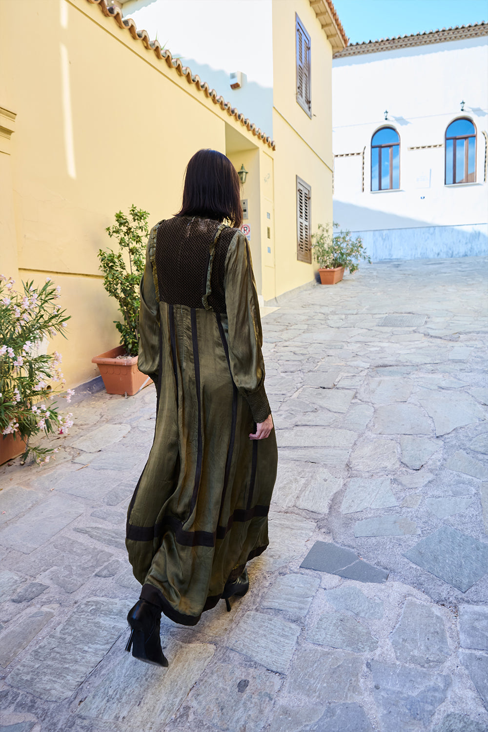 Olive Satin Velvet-Bodice Dress.