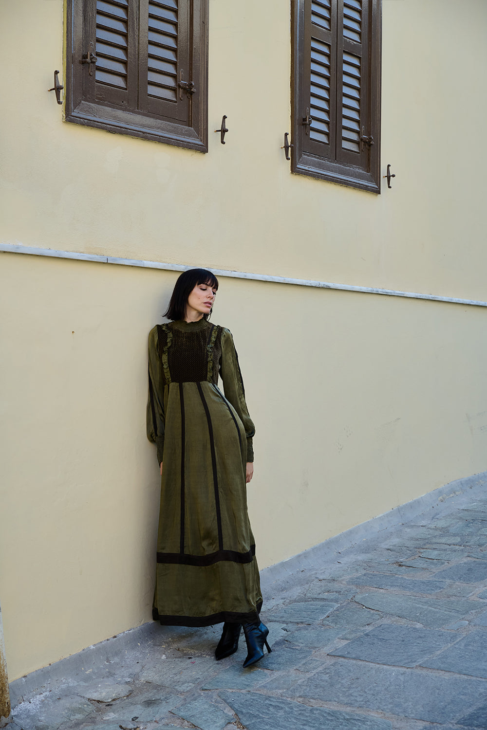 Olive Satin Velvet-Bodice Dress.