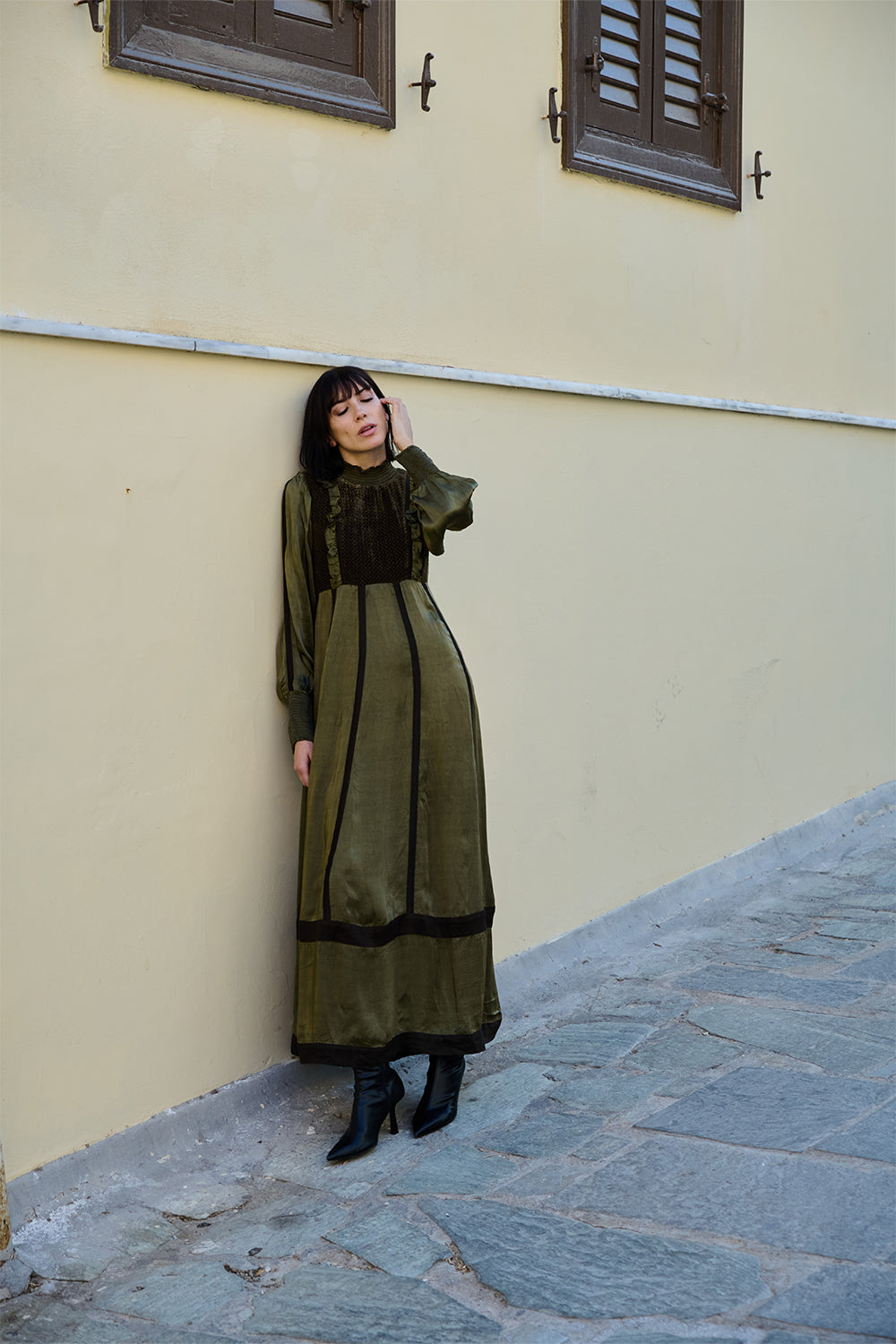 Olive Satin Velvet-Bodice Dress.