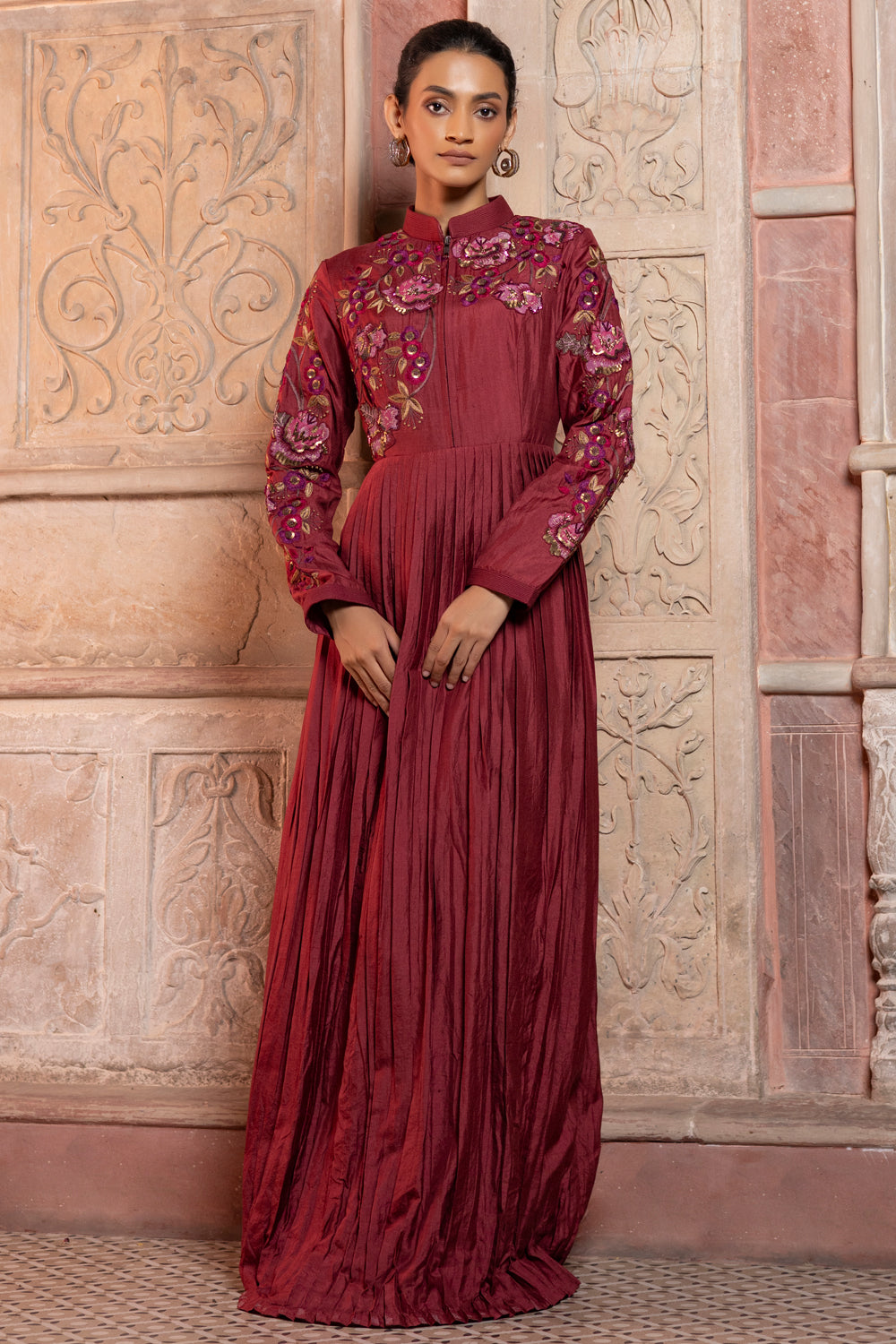 Maroon Silk Pleated Maxi with Floral Appliqué Embroidery