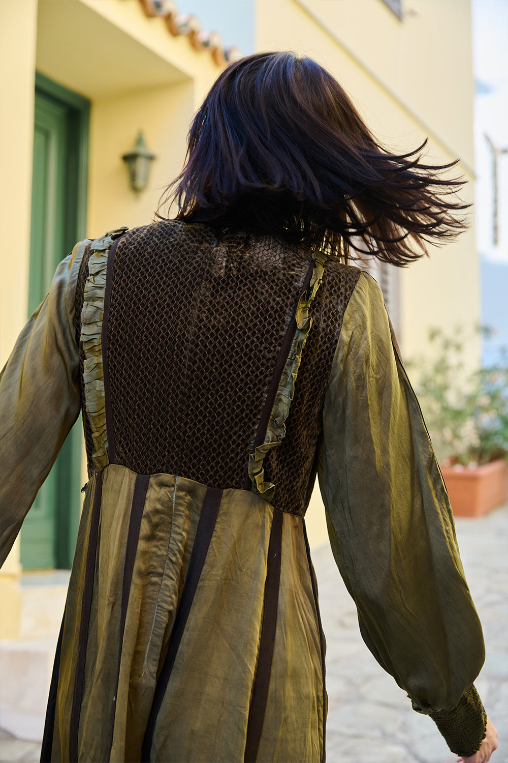 Olive Satin Velvet-Bodice Dress.