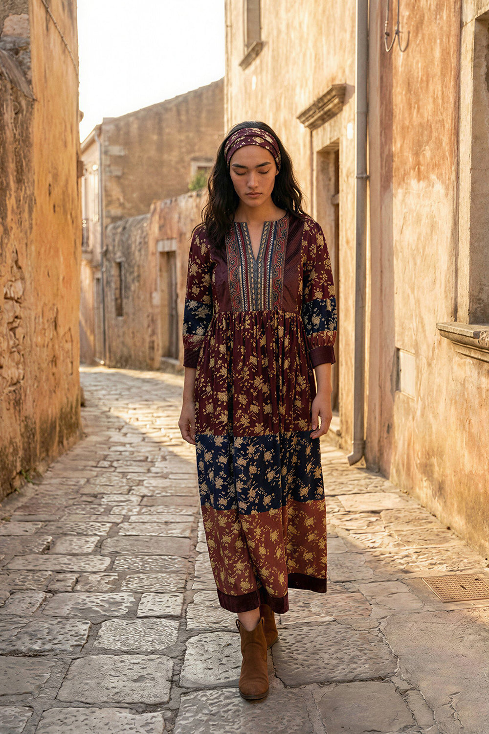 Multicolor Floral Printed Embroidered Dress.