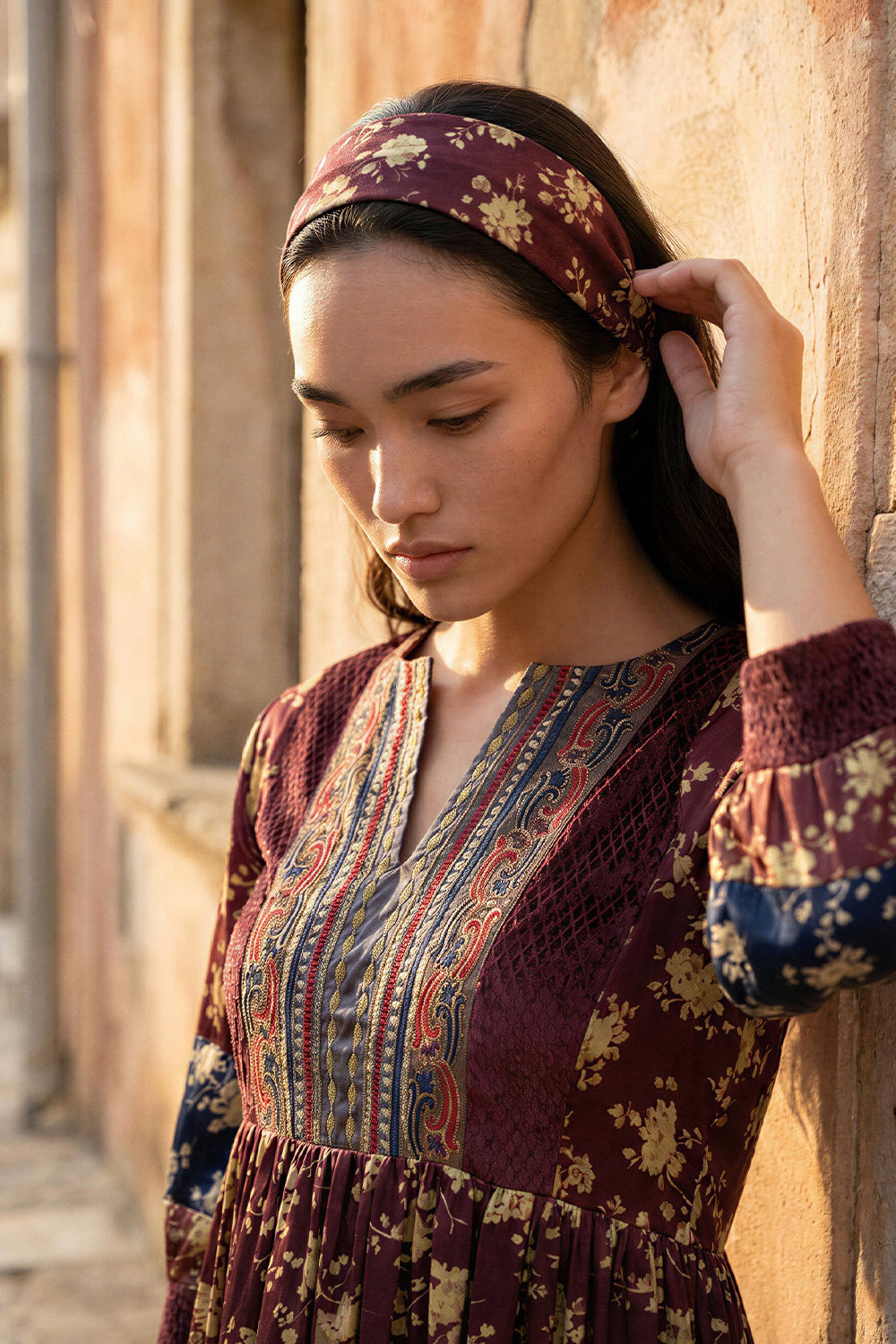 Multicolor Floral Printed Embroidered Dress.