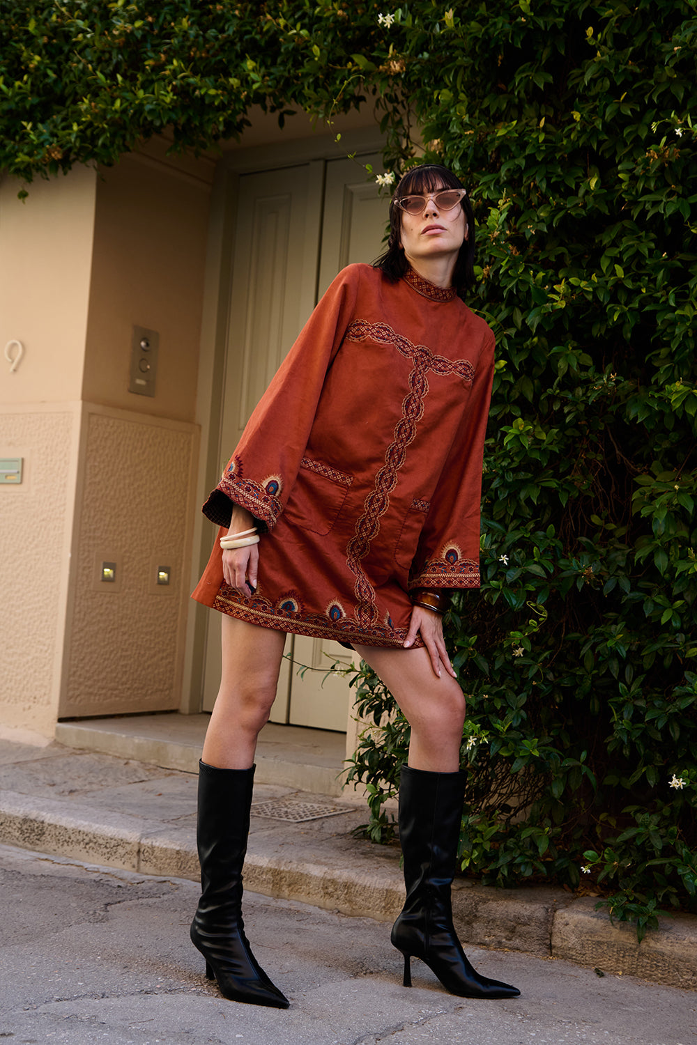 Rust Suede Embroidered Short Dress