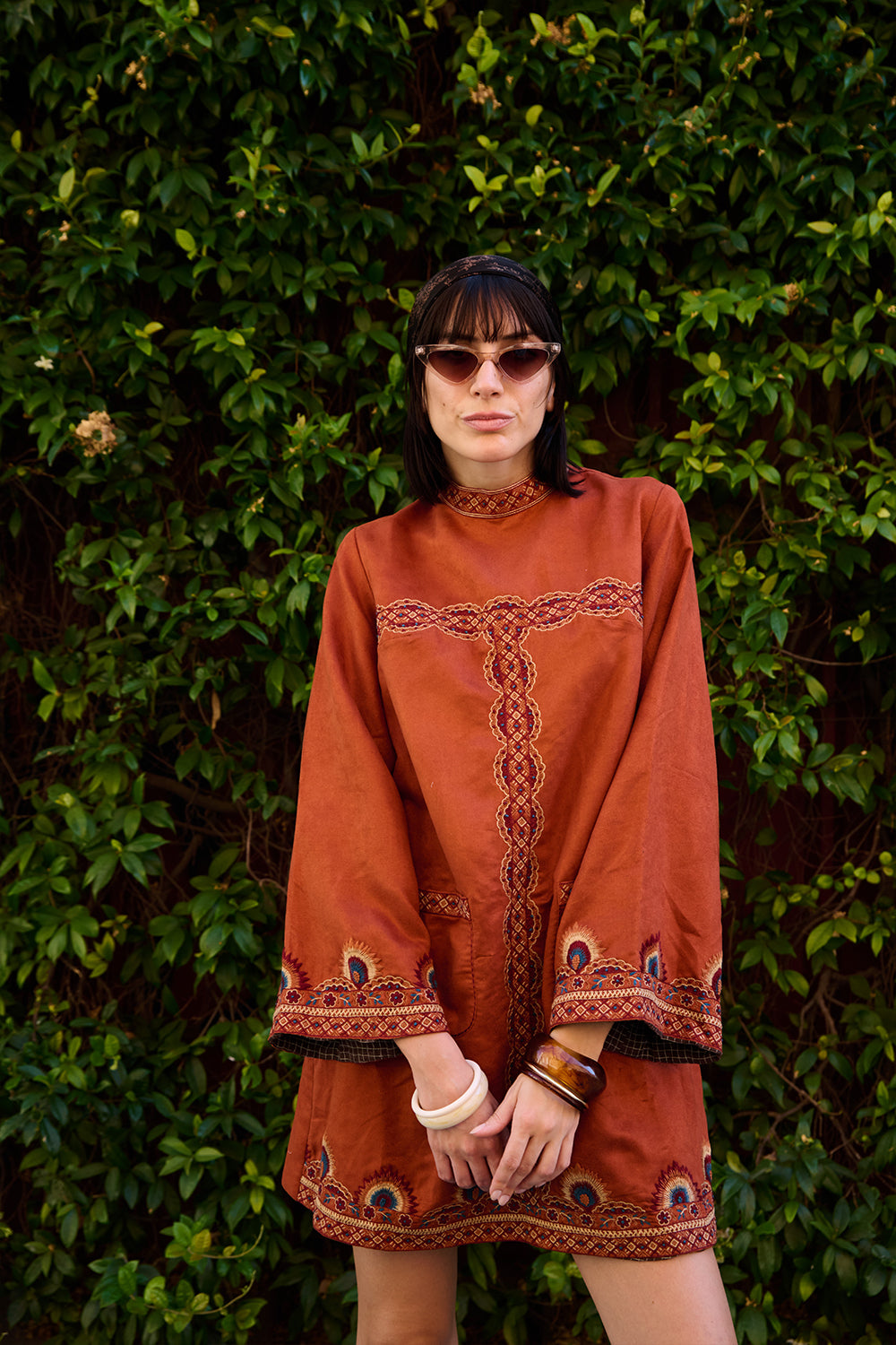 Rust Suede Embroidered Short Dress