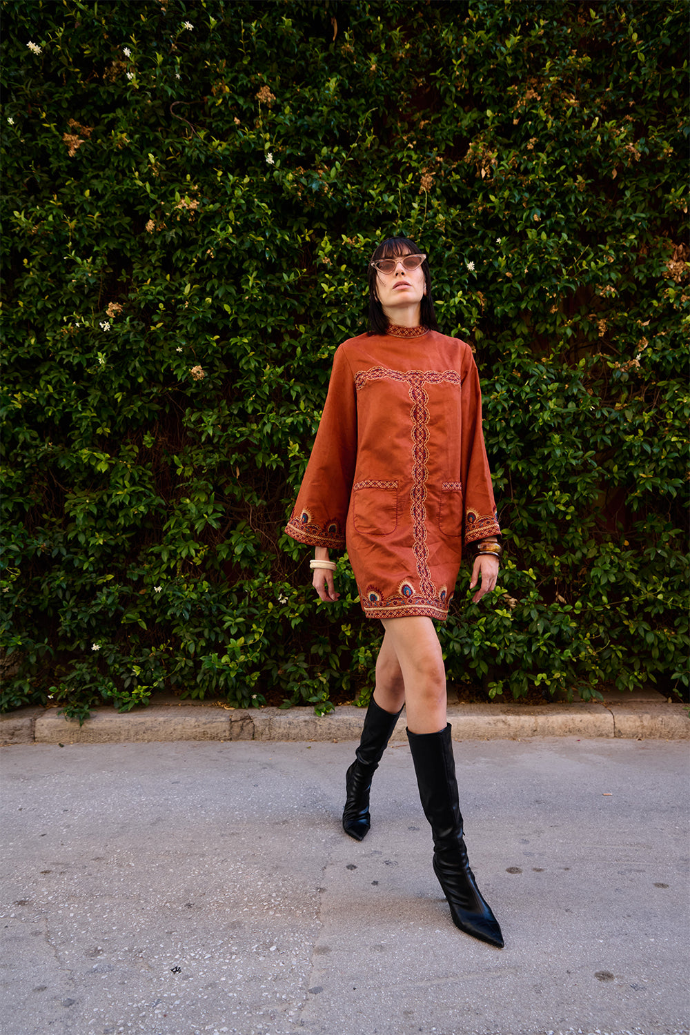 Rust Suede Embroidered Short Dress