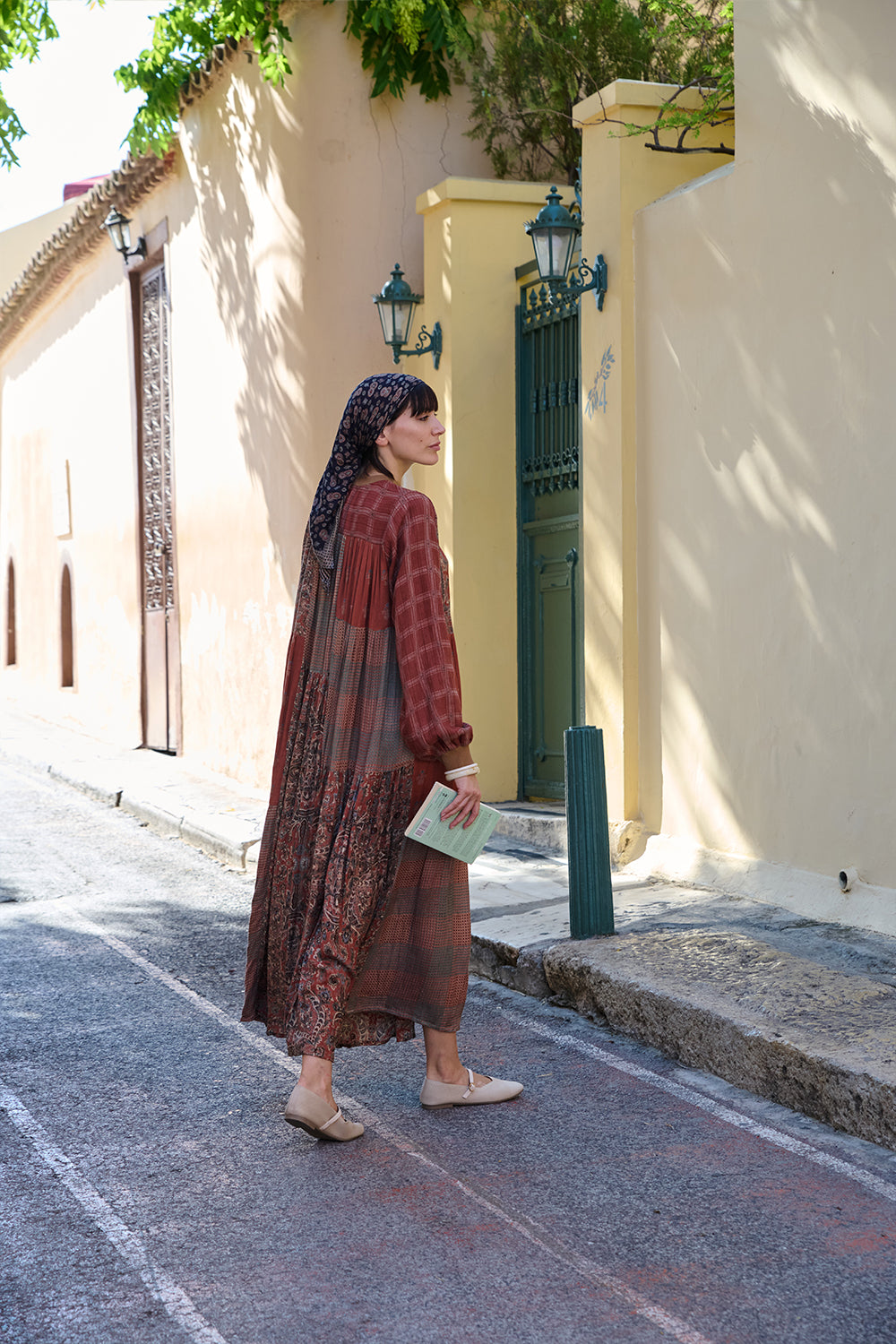 Rust Twill Printed Textured Midi Dress