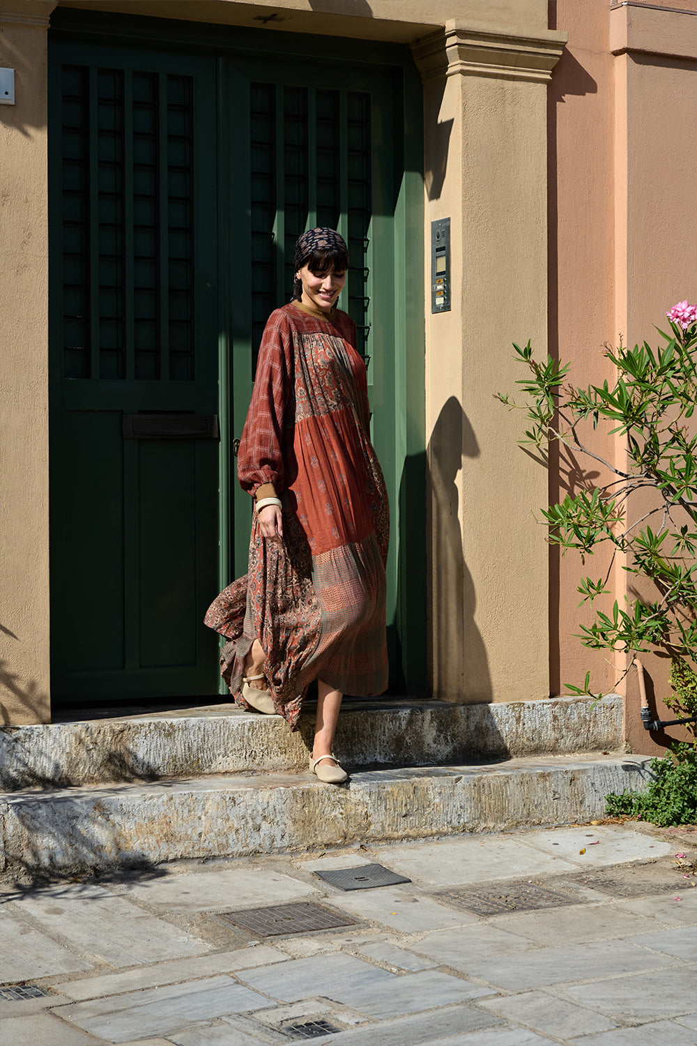 Rust Twill Printed Textured Midi Dress