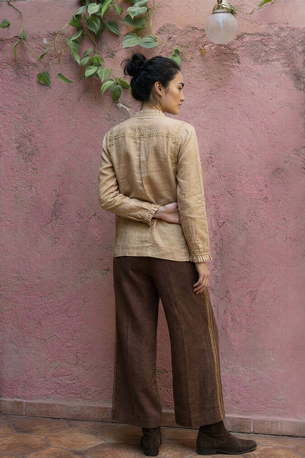 Beige Silk Embroidered Shirt
