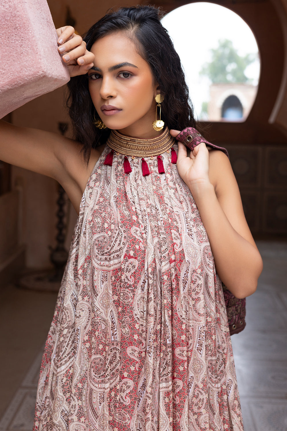 Maroon Paisley Printed Halter-Neck Embroidered Maxi