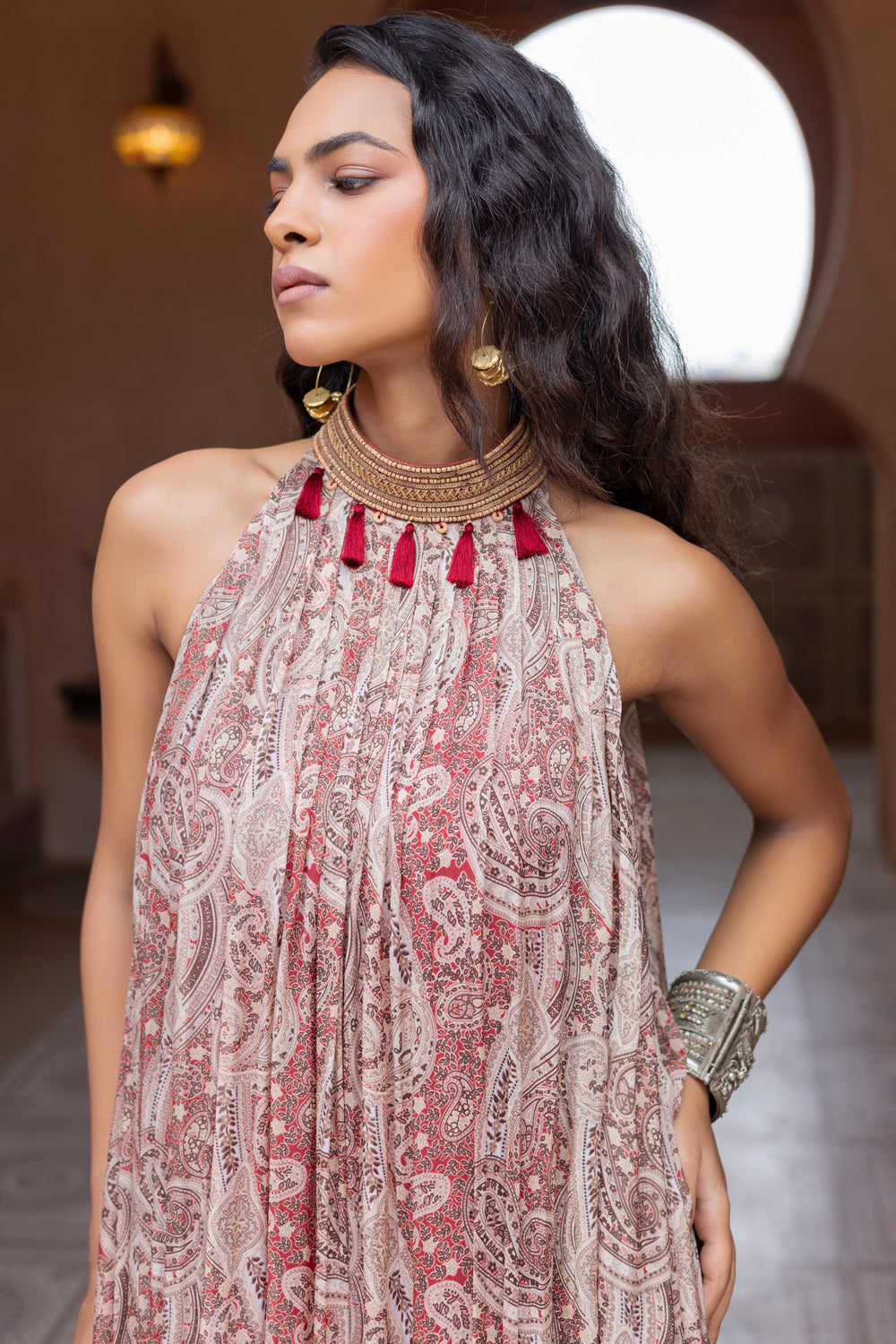Maroon Paisley Printed Halter-Neck Embroidered Maxi