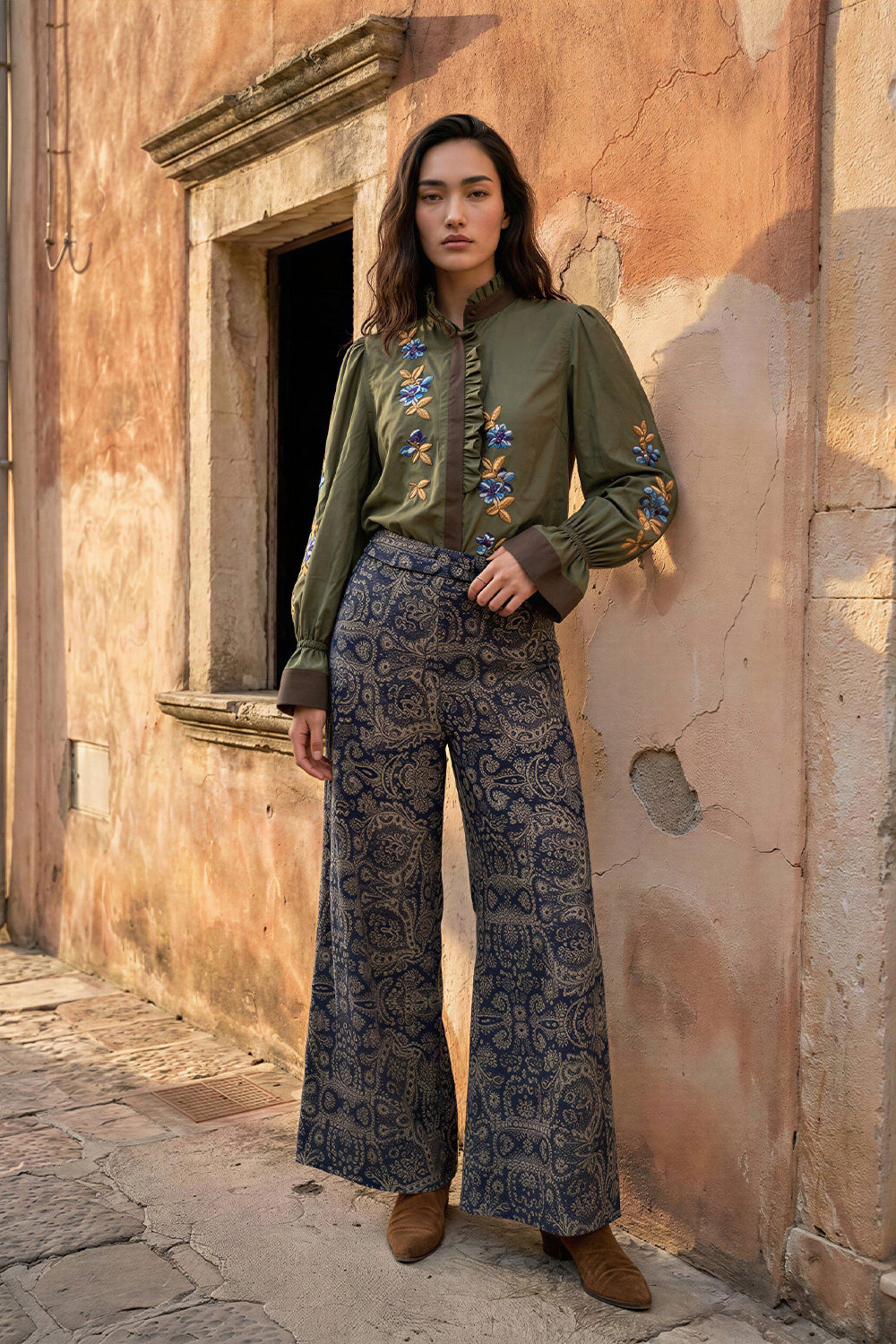 Olive Silk Floral Embroidered Shirt.