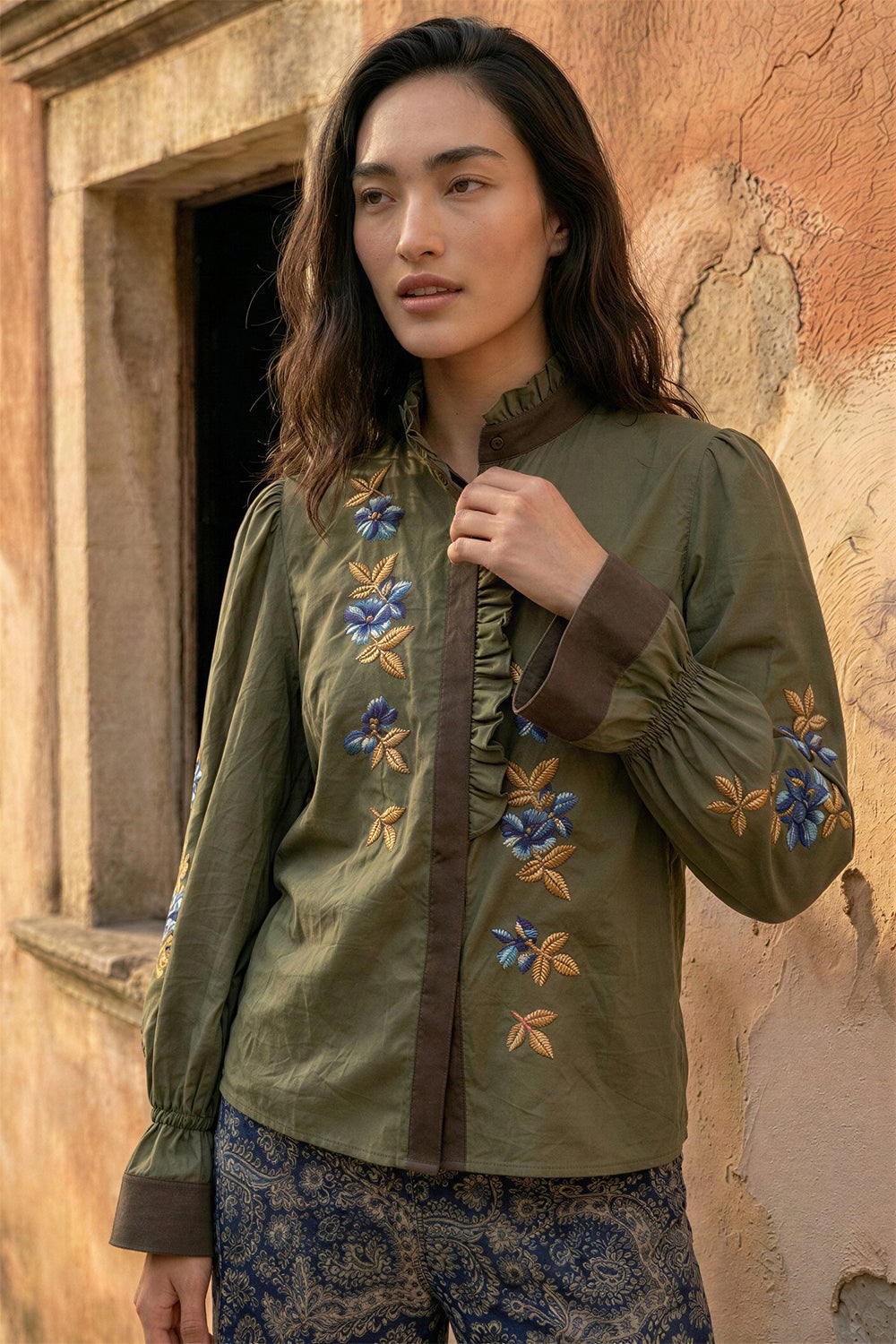 Olive Silk Floral Embroidered Shirt.