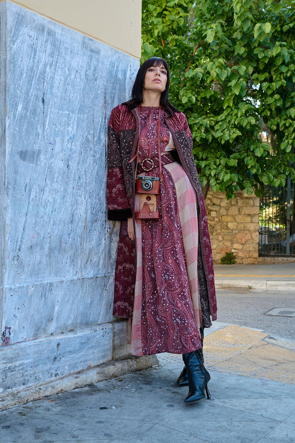 Color-Block Satin Printed Leather-Detail Dress