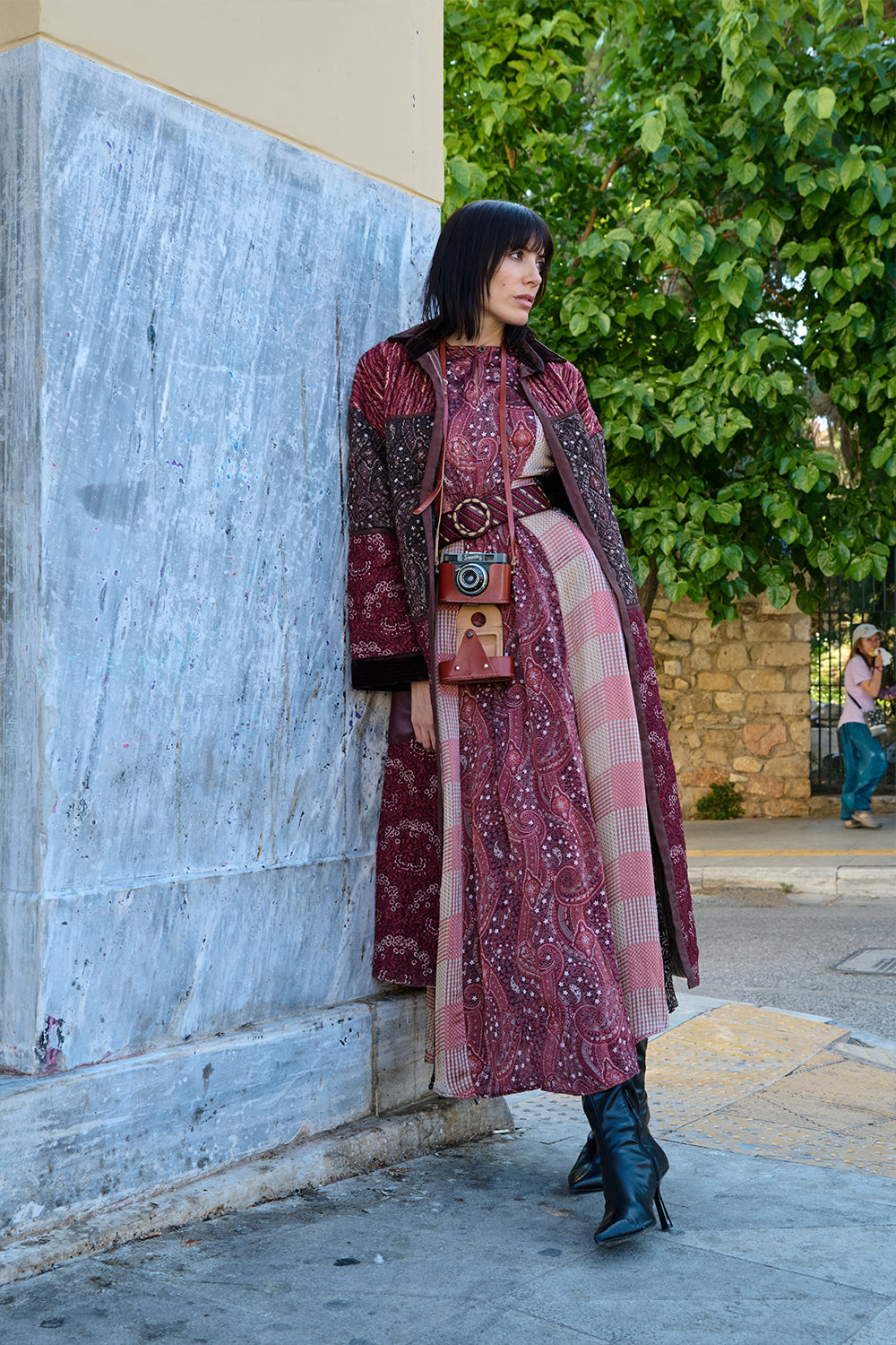 Color-Block Satin Printed Leather-Detail Dress