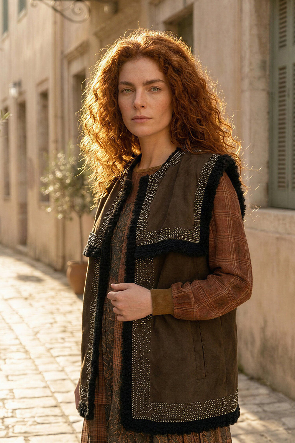 Olive Suede Couching Embroidered Waistcoat.
