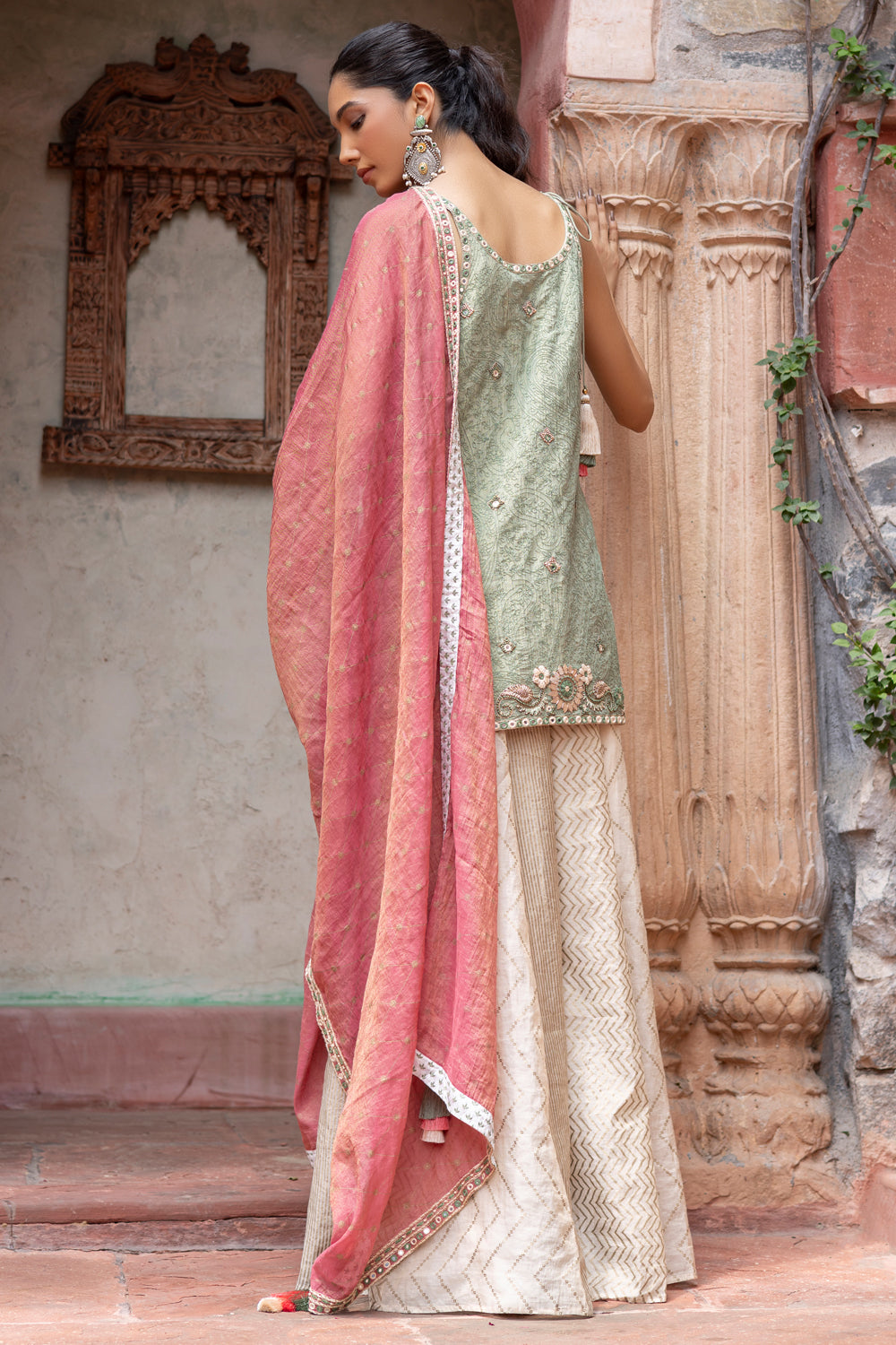 Green Embroidered Short Kurta with Kali Pants & Dupatta