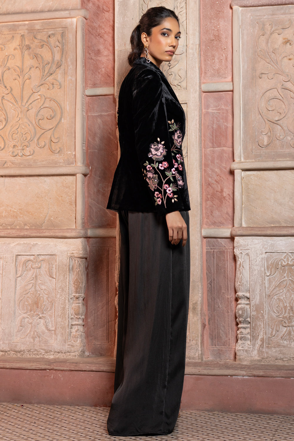 Black Velvet Appliqué Embroidered Blazer