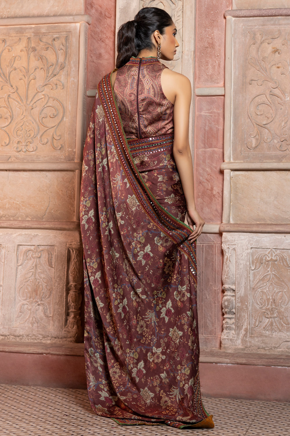 Cherry Cola Satin Paisley & Chintz Printed Saree with Mirror-Work Collared Blouse