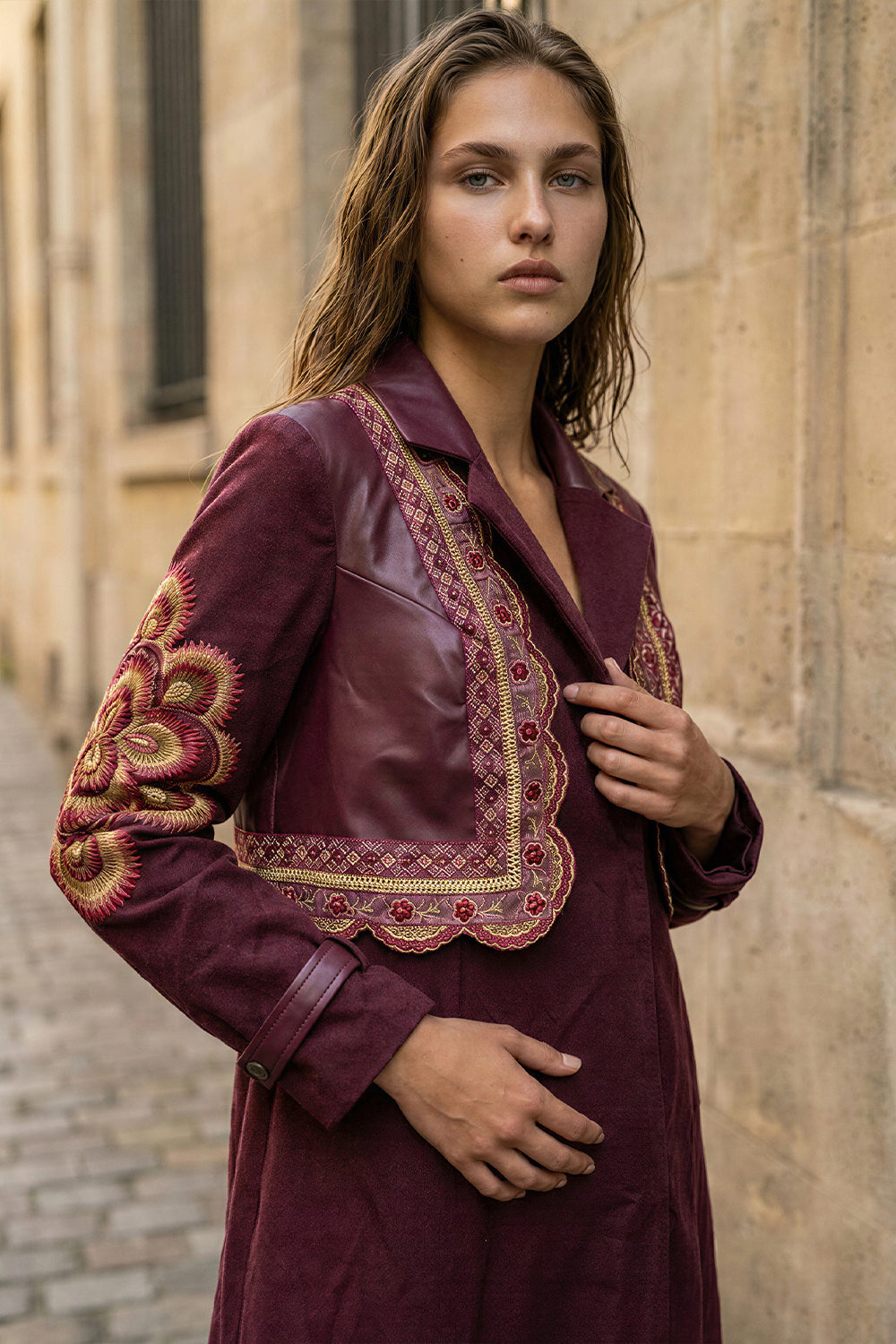 Cherry Leather-Panel Shirt Dress