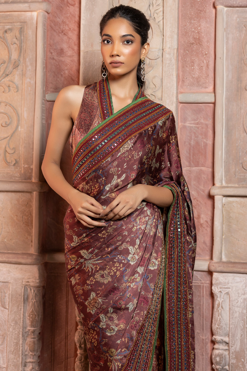Cherry Cola Satin Paisley & Chintz Printed Saree with Mirror-Work Collared Blouse