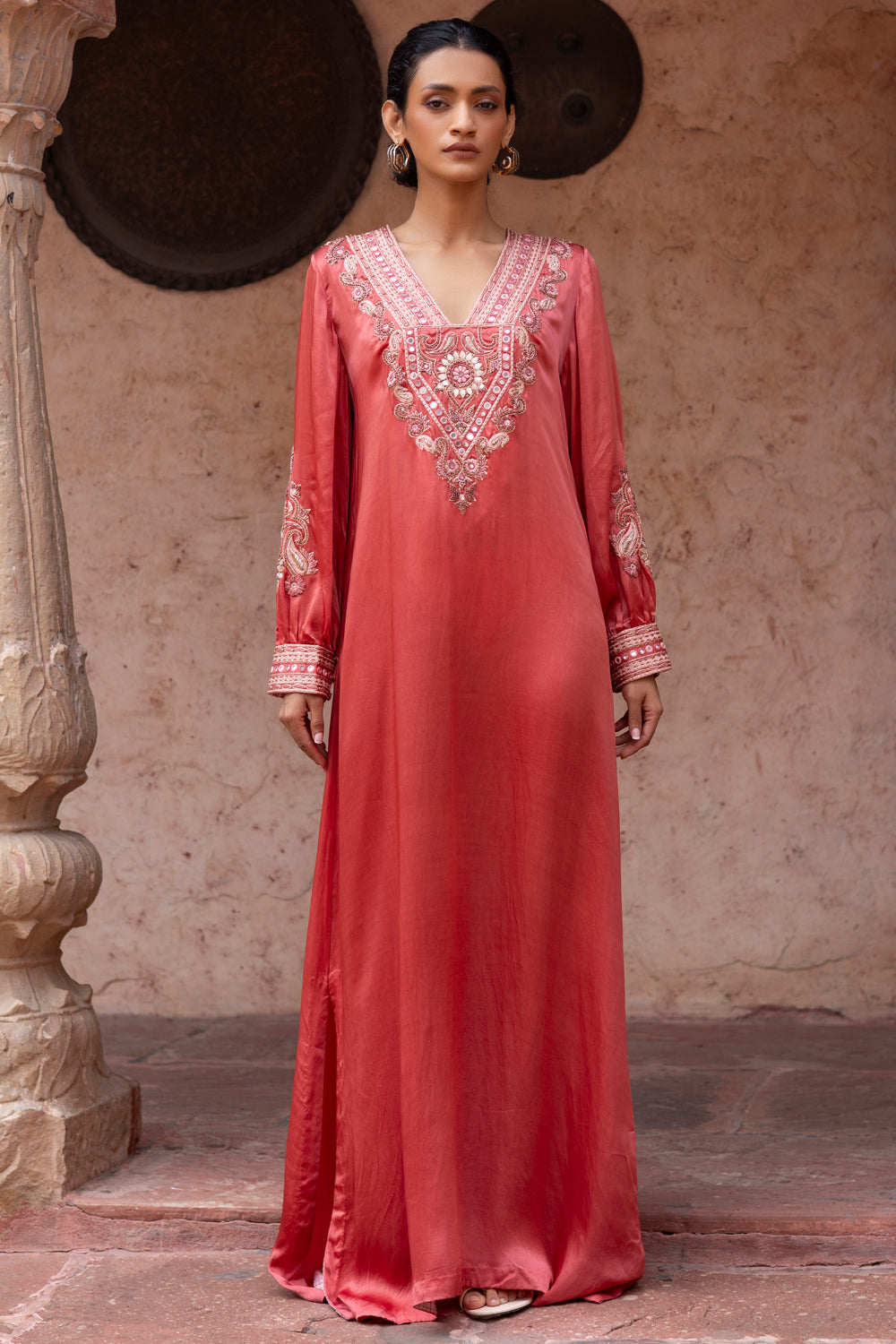Watermelon Red Paisley Embroidered Kaftan