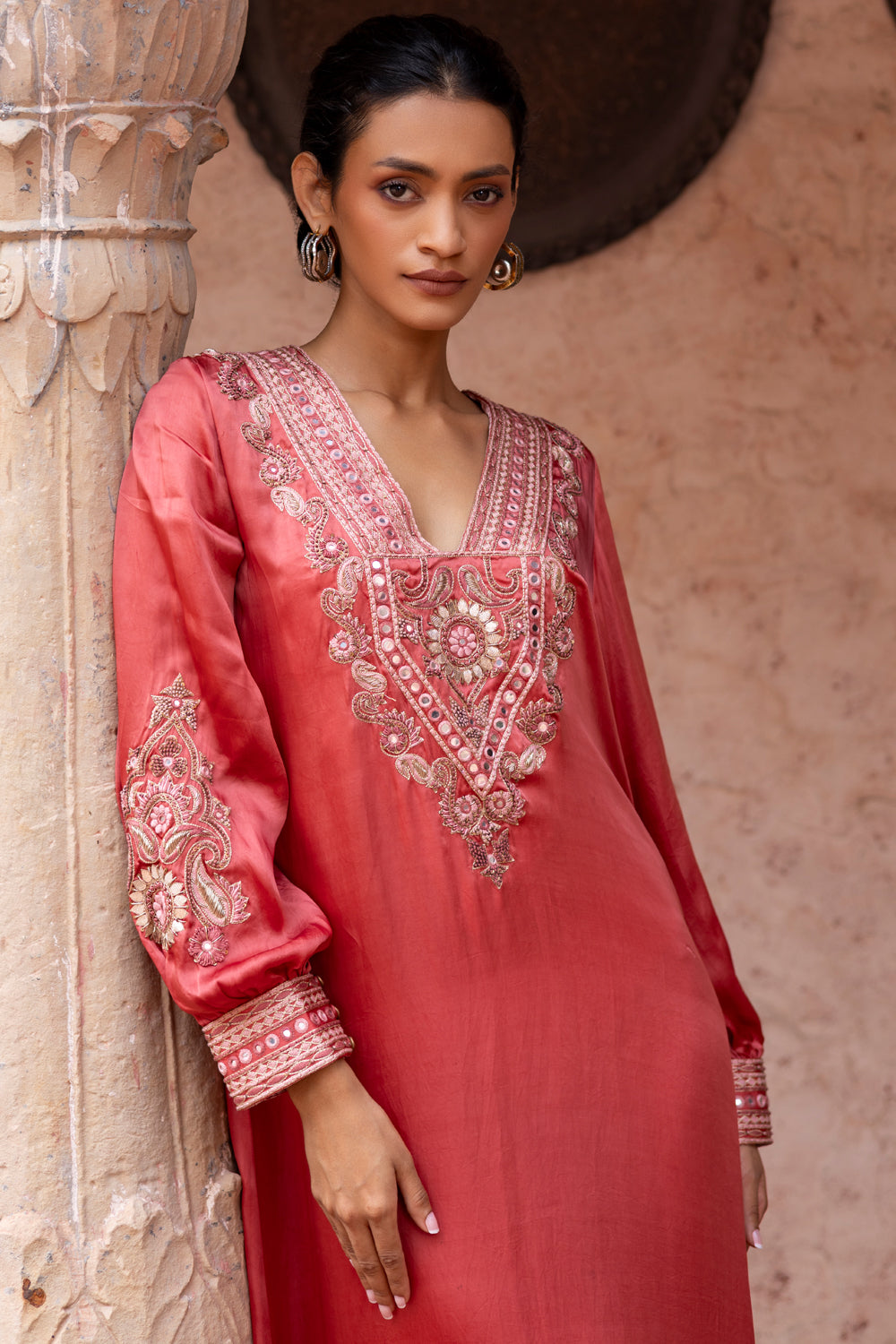 Watermelon Red Paisley Embroidered Kaftan