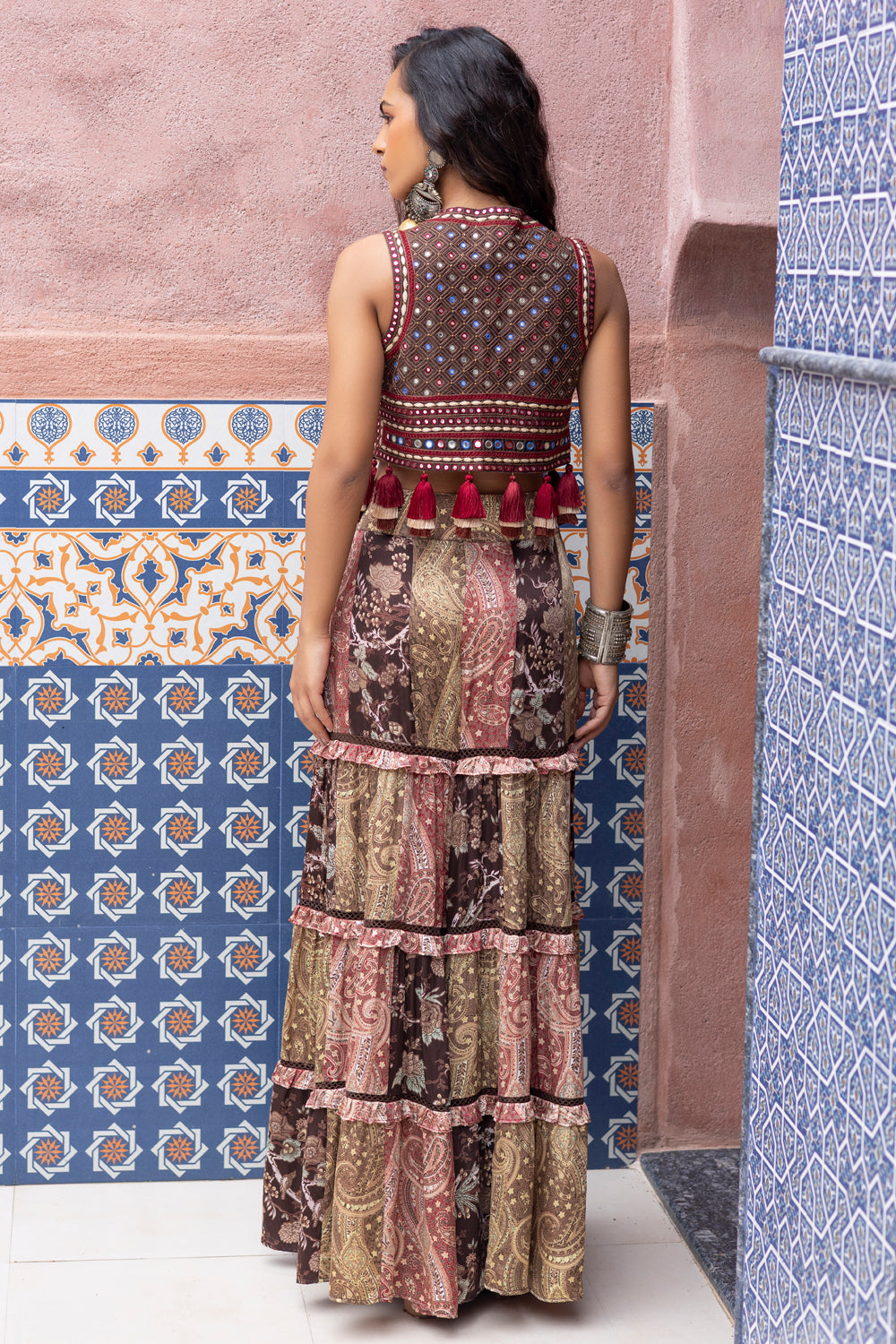 Multicolor Mirror Embroidered Waistcoat with Color-Blocked Tiered Sharara Pants