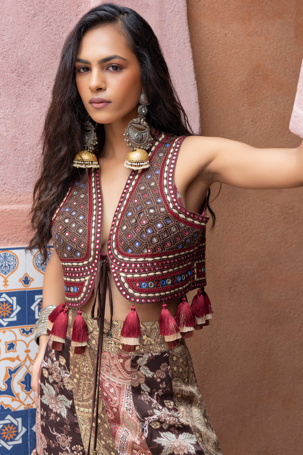 Multicolor Mirror Embroidered Waistcoat with Color-Blocked Tiered Sharara Pants
