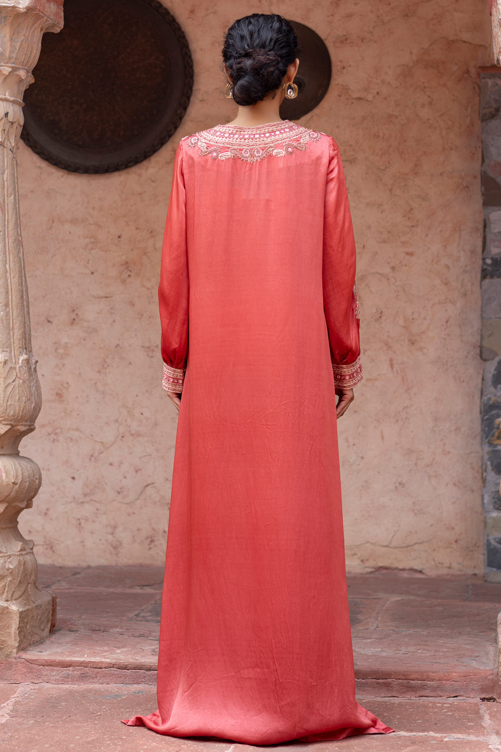 Watermelon Red Paisley Embroidered Kaftan