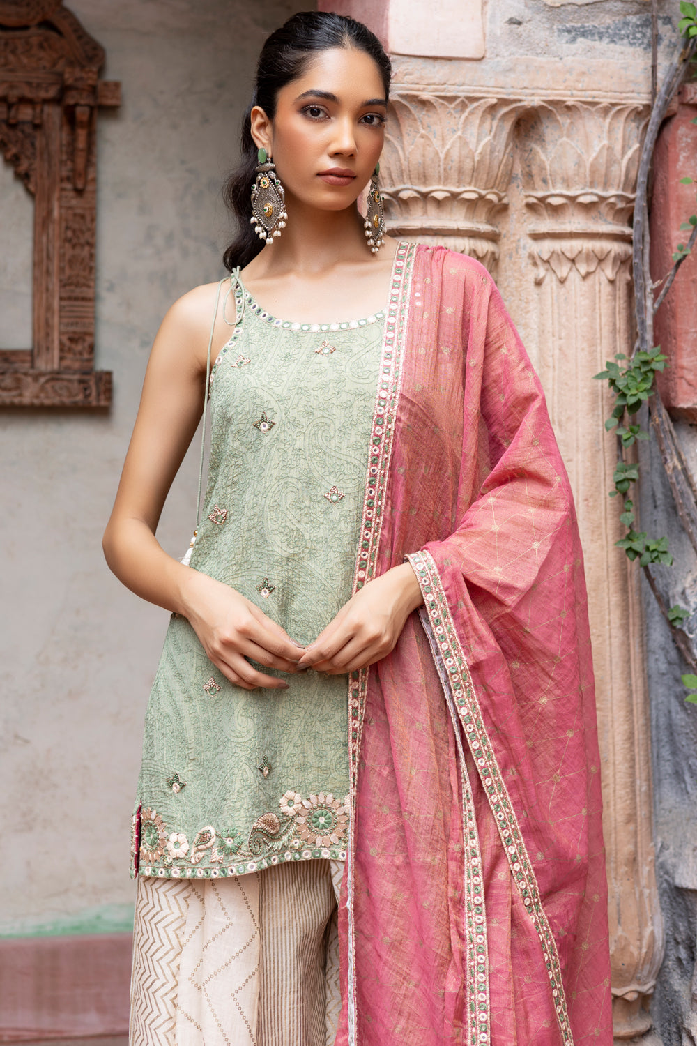 Green Embroidered Short Kurta with Kali Pants & Dupatta
