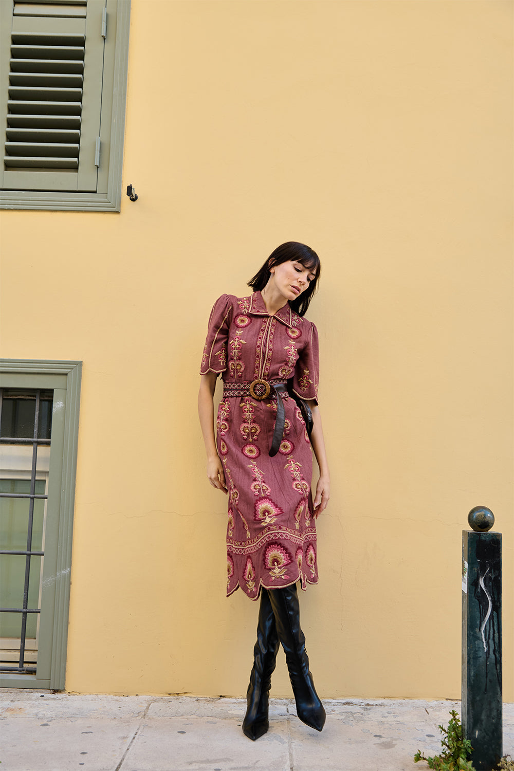 Mauve Textured Embroidered Dress