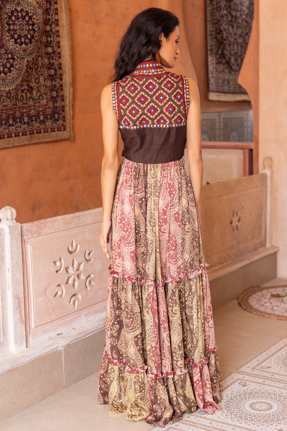 Mirror Embroidered Color-Blocked Printed Tiered Maxi