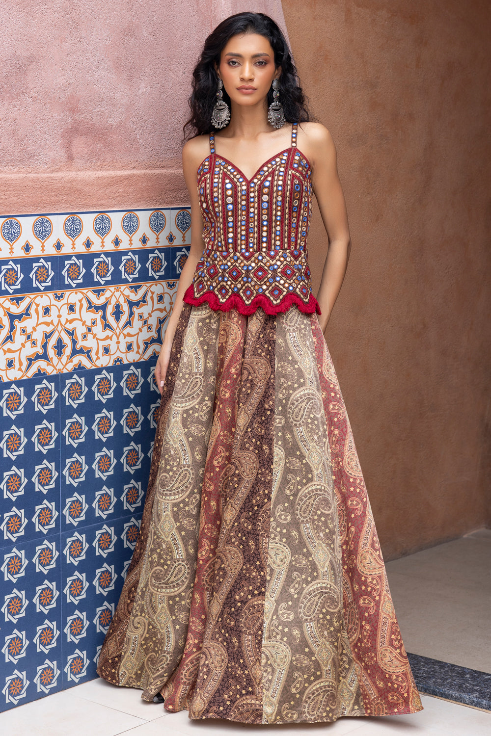 Mirror Embroidered Color-Blocked Kalidar Boho Maxi