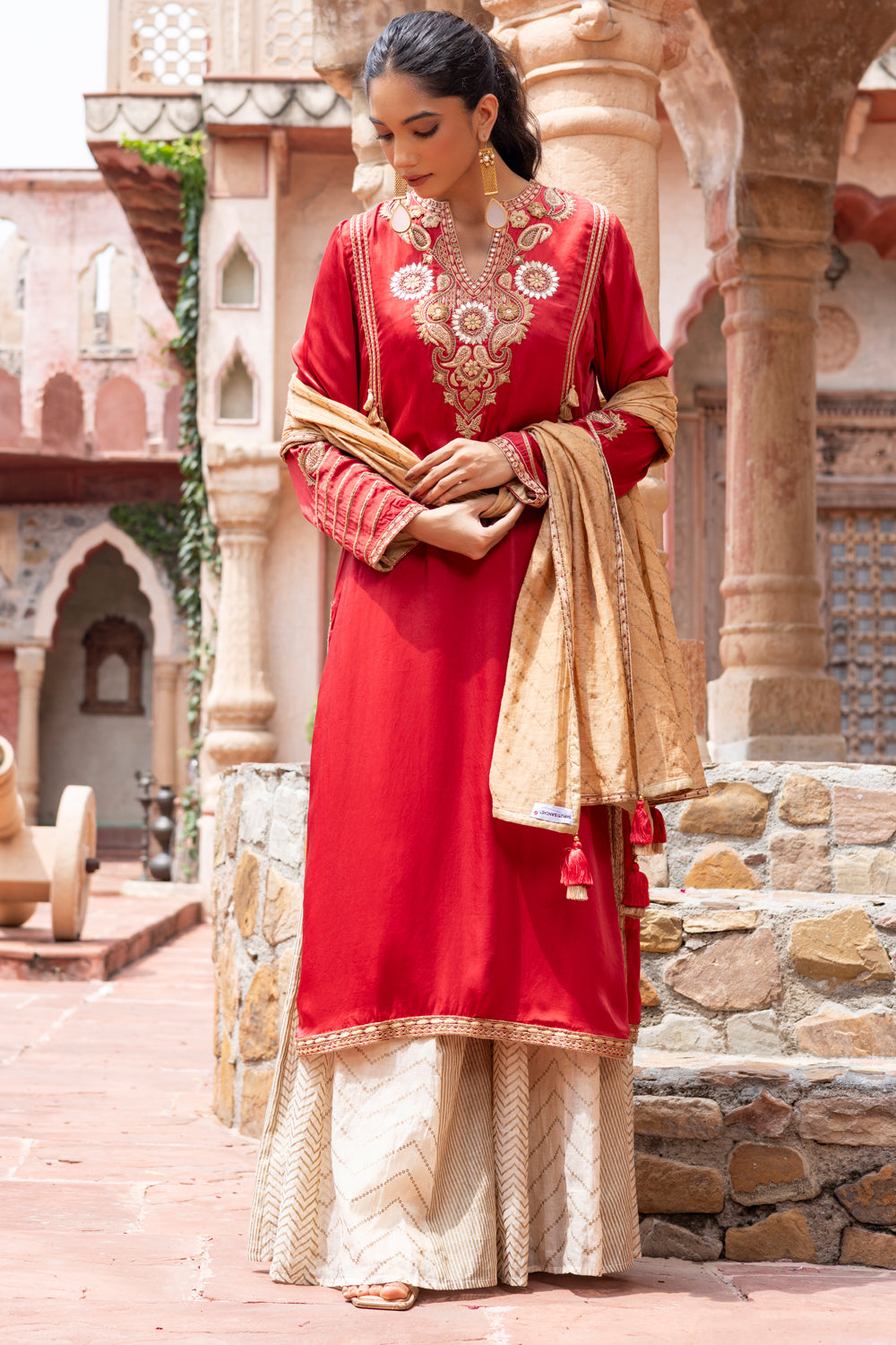 Red Kurta with Ivory Kali Pants & Dupatta