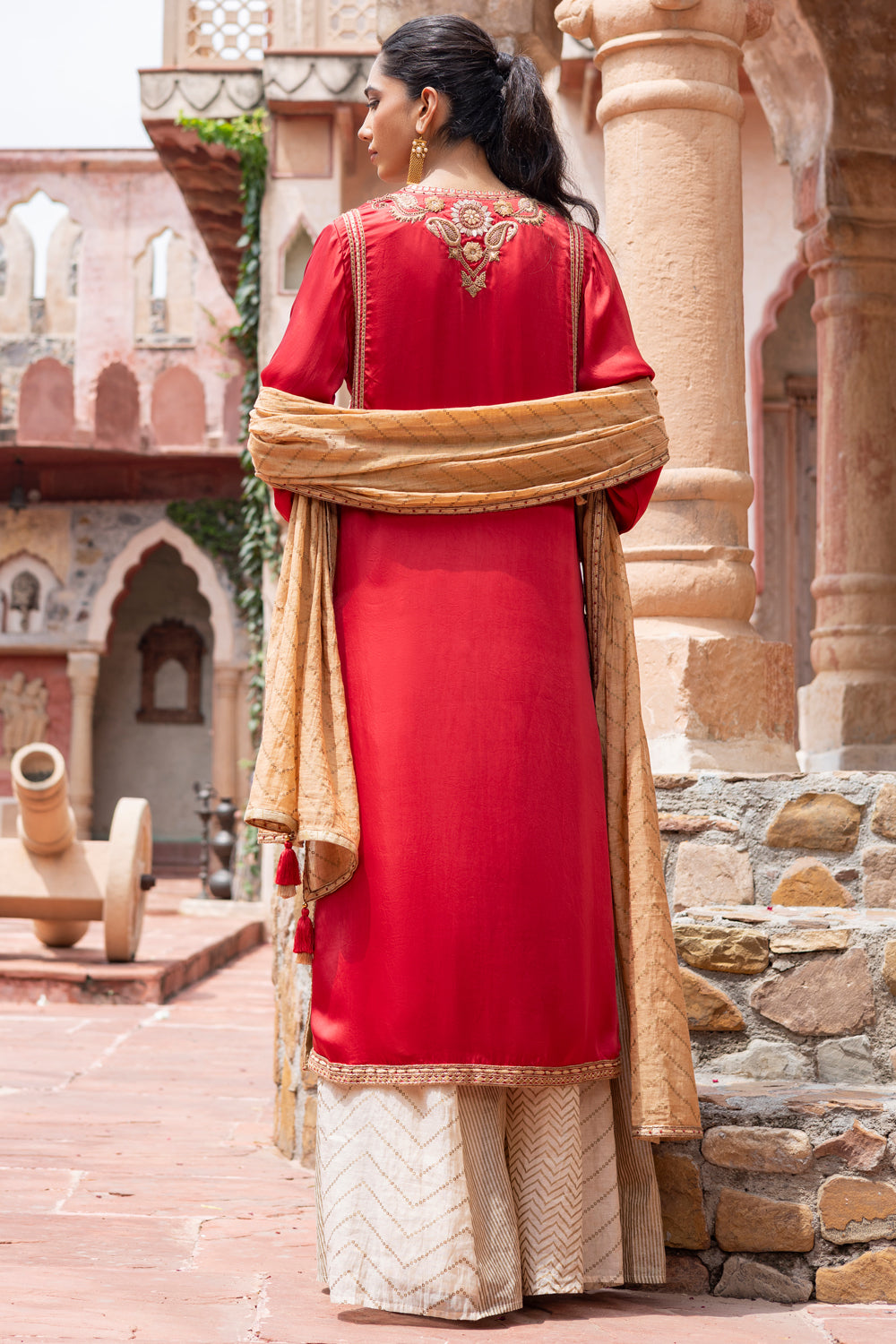 Red Kurta with Ivory Kali Pants & Dupatta