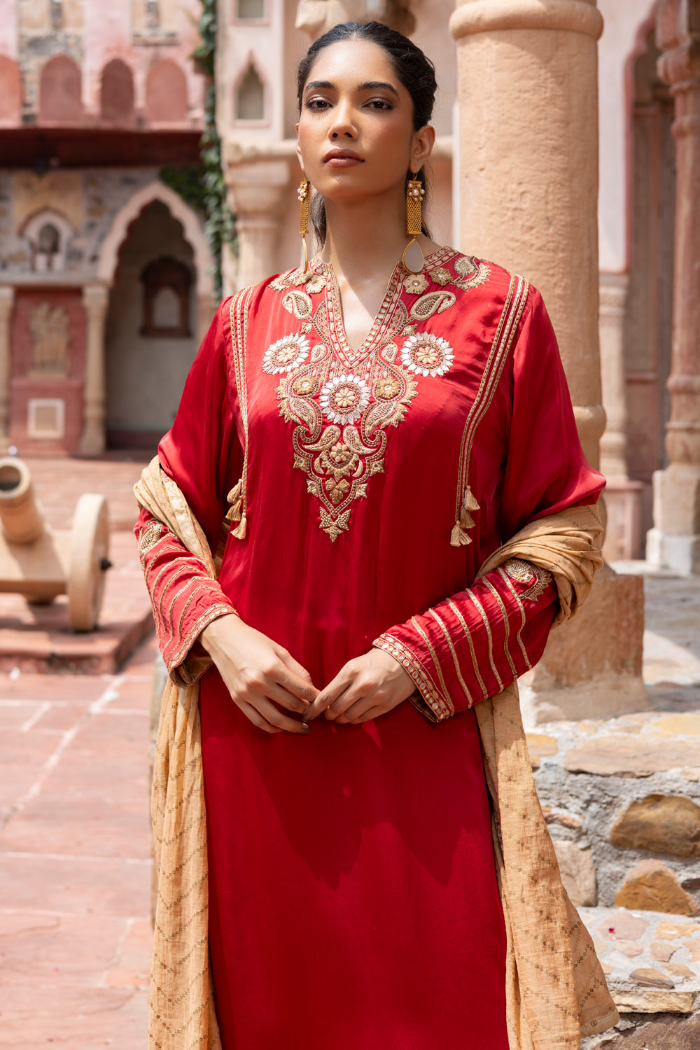 Red Kurta with Ivory Kali Pants & Dupatta