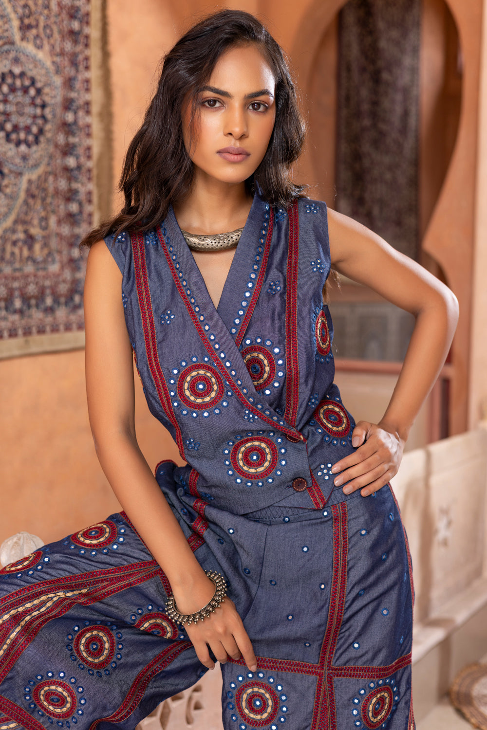 Denim Mirror Embroidered Waistcoat with Embroidered Kali Pants