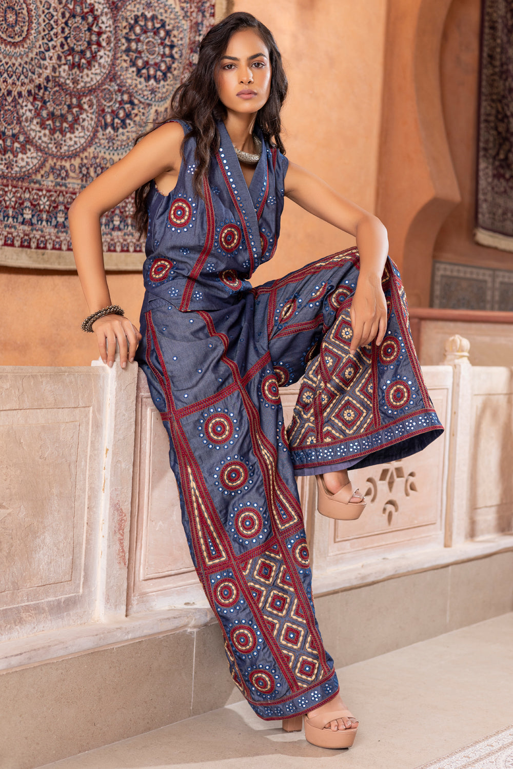 Denim Mirror Embroidered Waistcoat with Embroidered Kali Pants