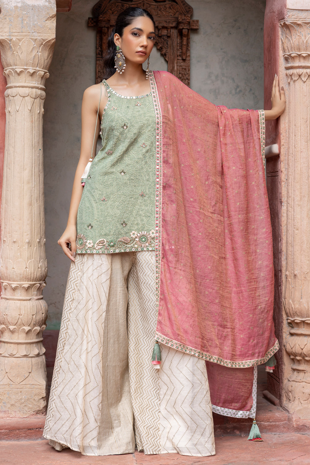Green Embroidered Short Kurta with Kali Pants & Dupatta