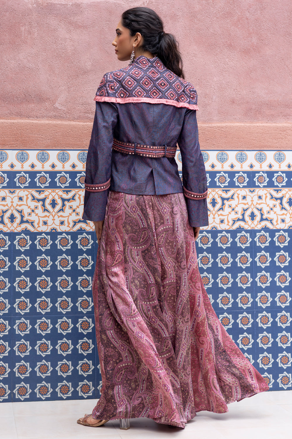Denim Mirror Embroidered Jacket with Satin Paisley Printed Overlap Pants
