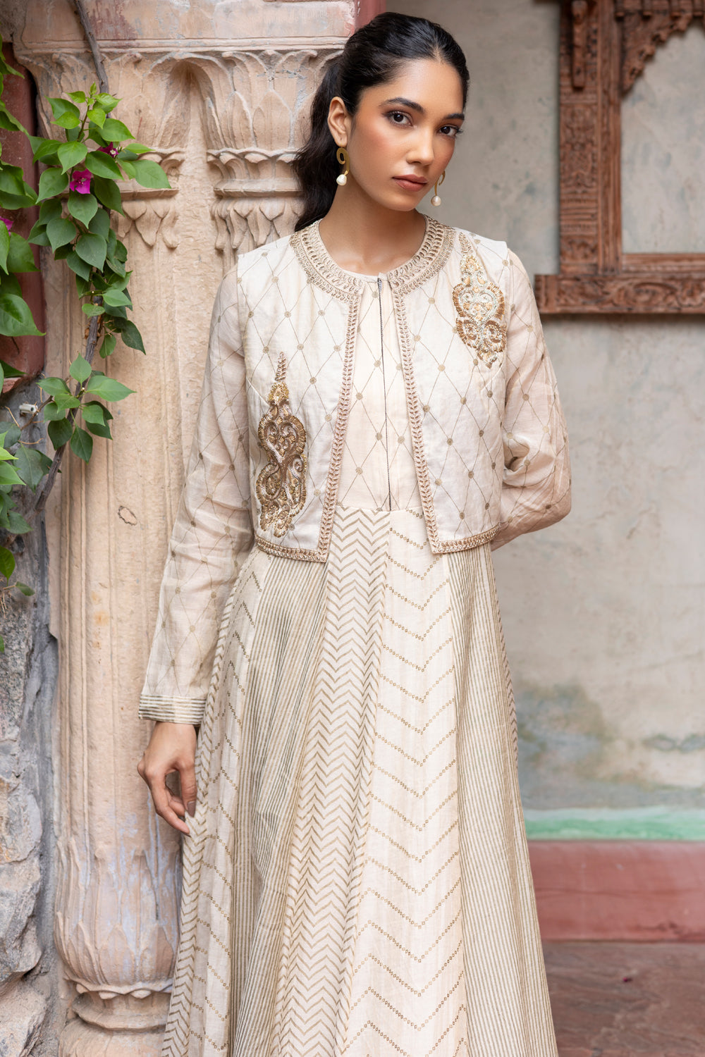 Ivory Anarkali with Embroidered Crop Jacket