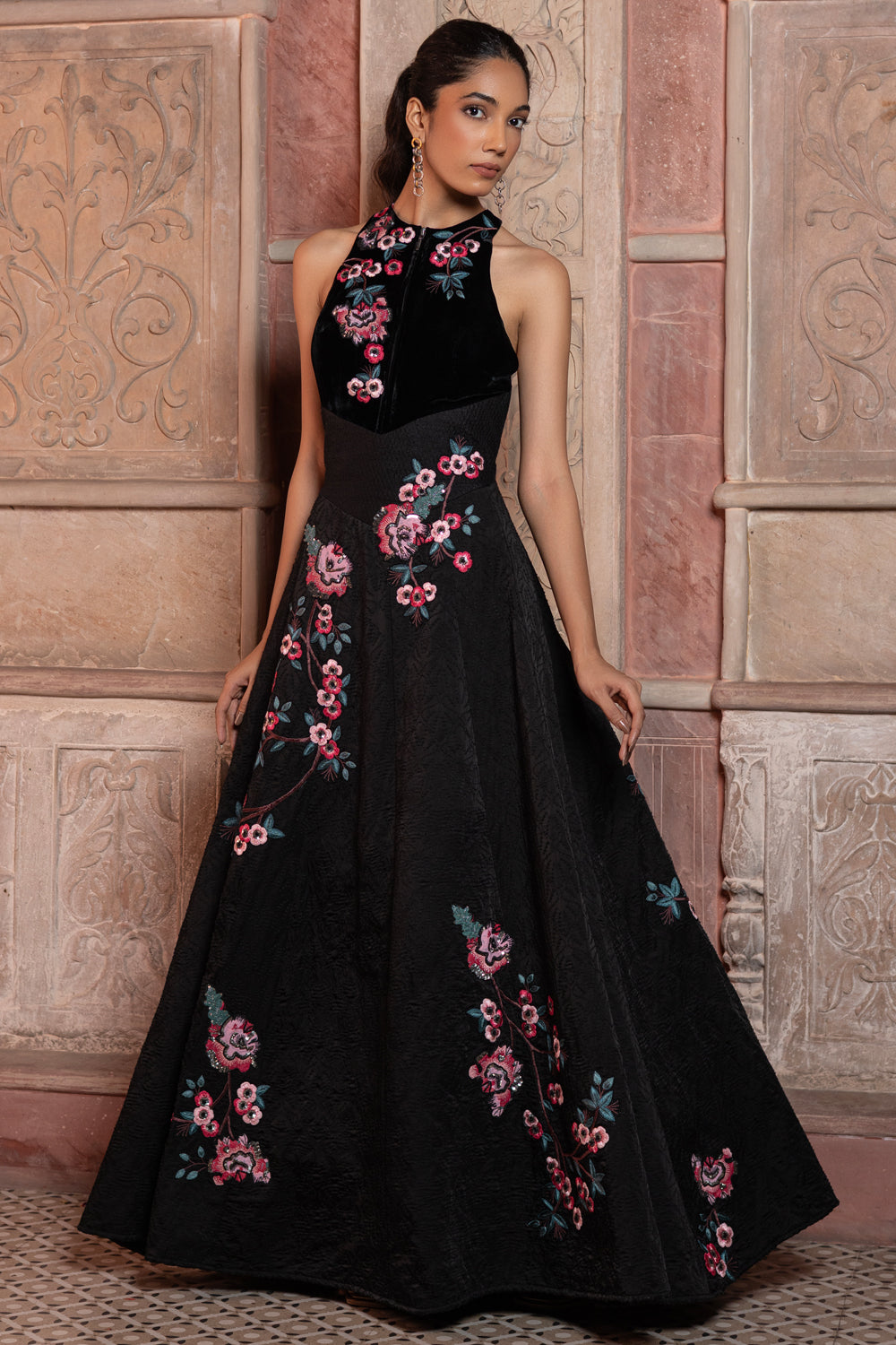 Black Satin Textured Maxi with Velvet Bodice Embroidery
