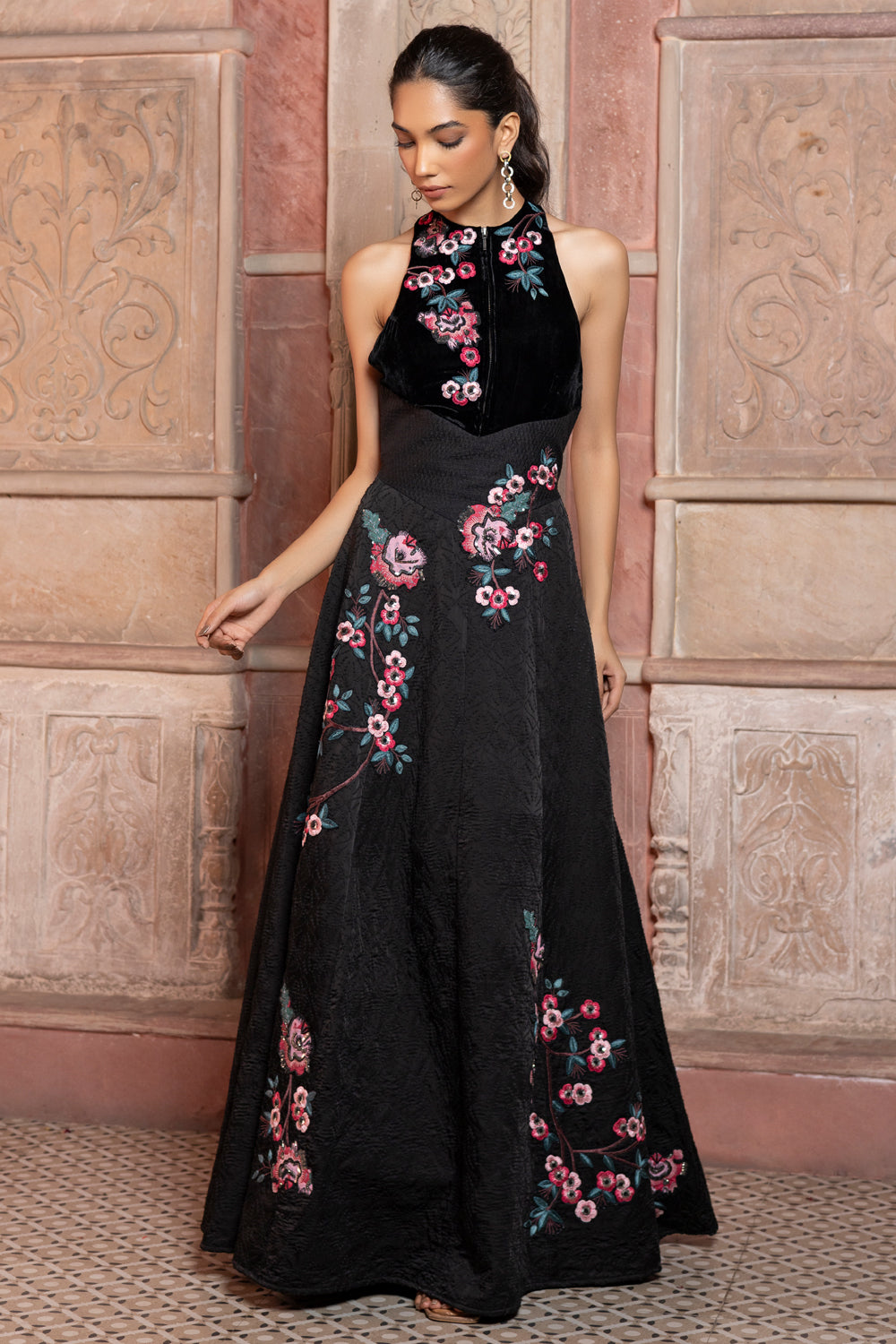 Black Satin Textured Maxi with Velvet Bodice Embroidery