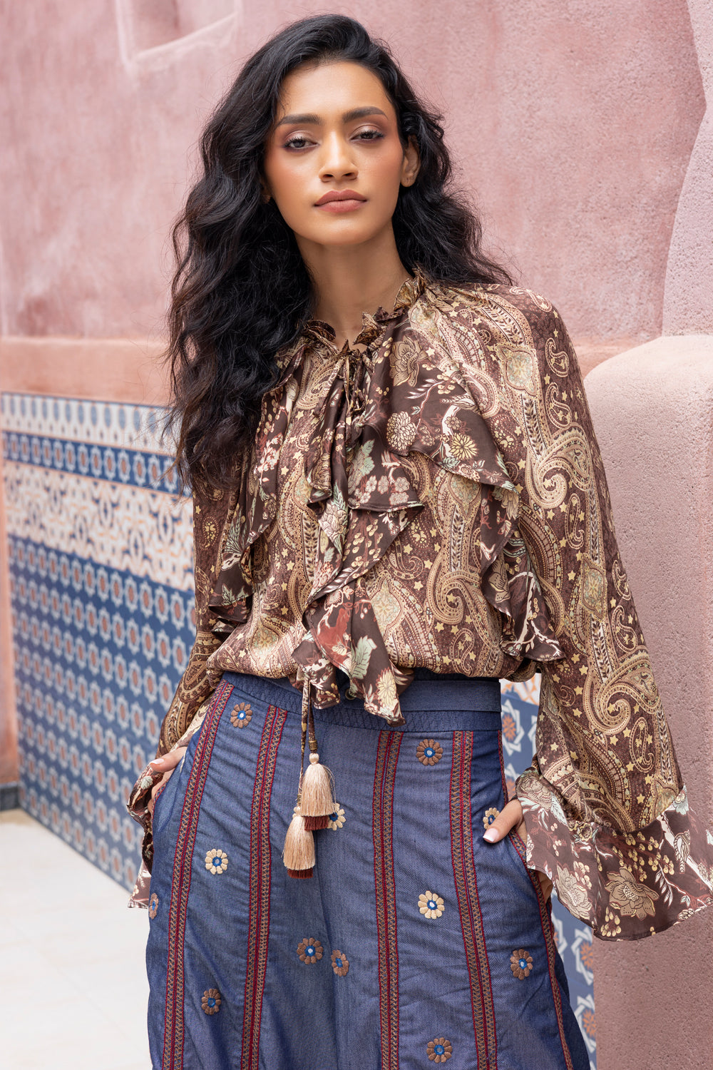 Paisley Printed Ruffle Shirt with Mirror Embroidered Denim Pants