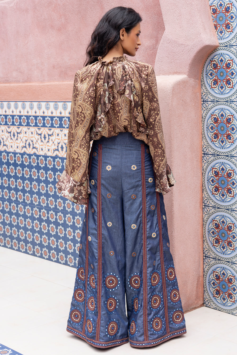 Paisley Printed Ruffle Shirt with Mirror Embroidered Denim Pants