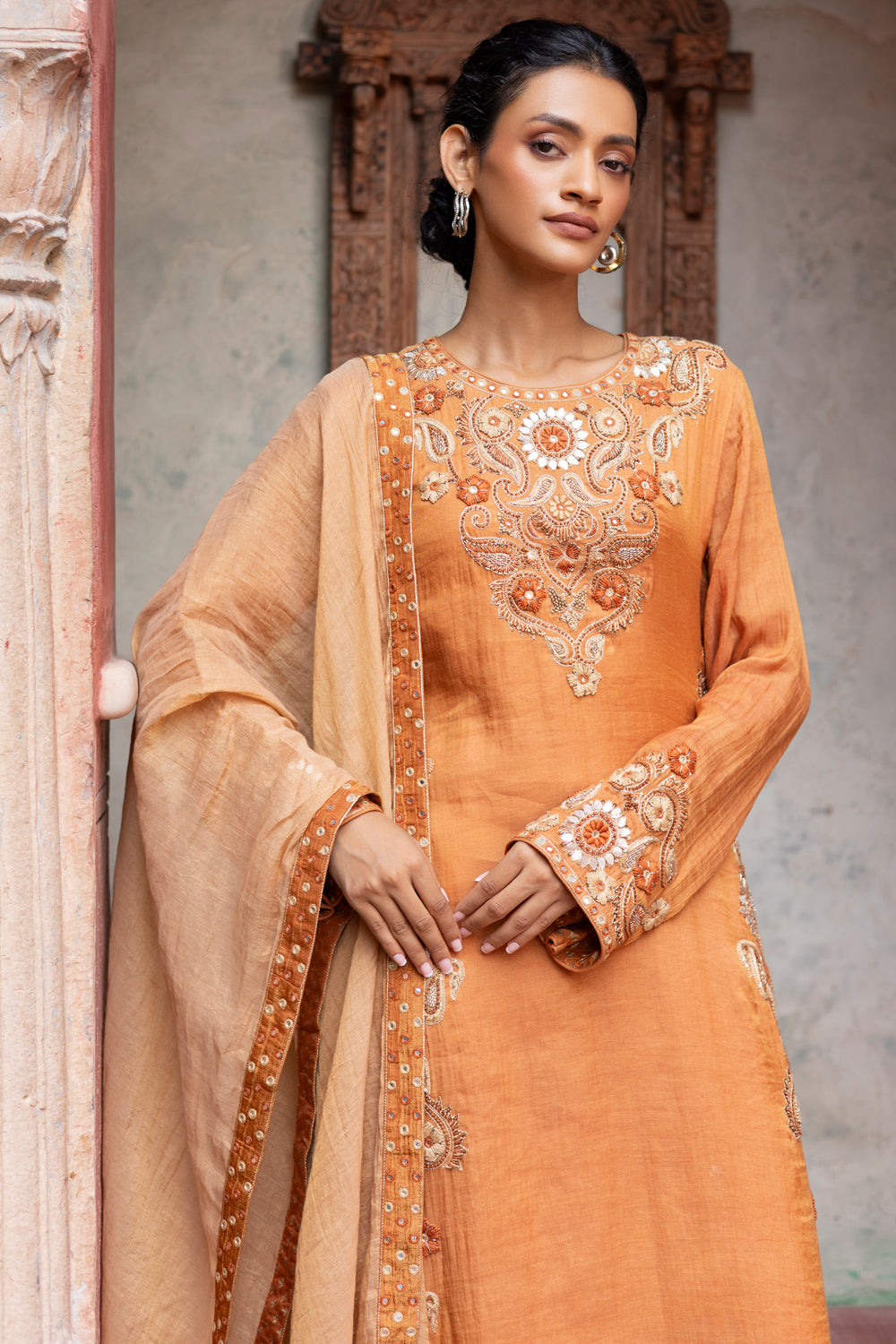 Rust Embroidered Kurta with Embroidered Pants & Beige Dupatta