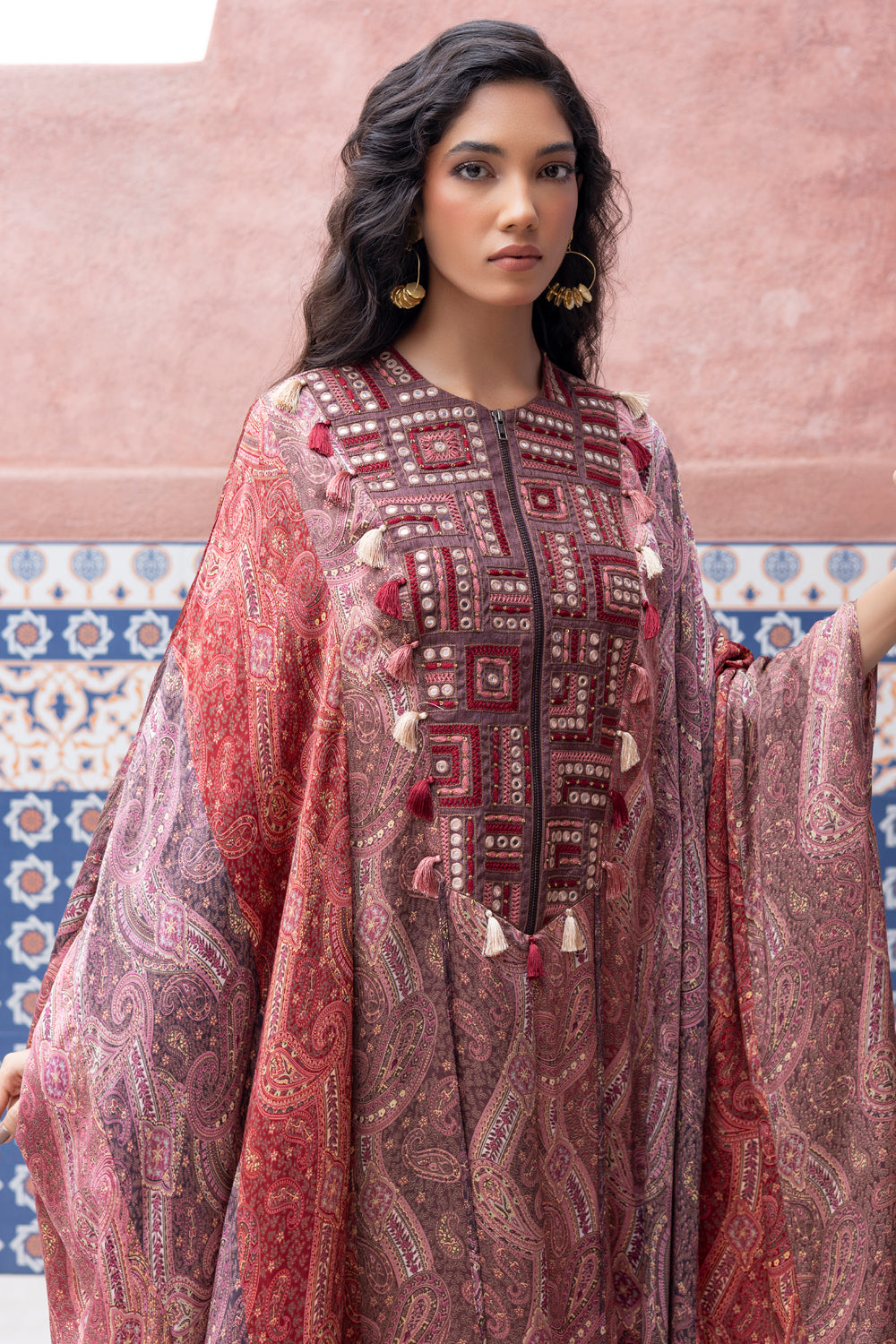Color-Blocked Paisley Printed Kaftan with Mirror Embroidered Yoke